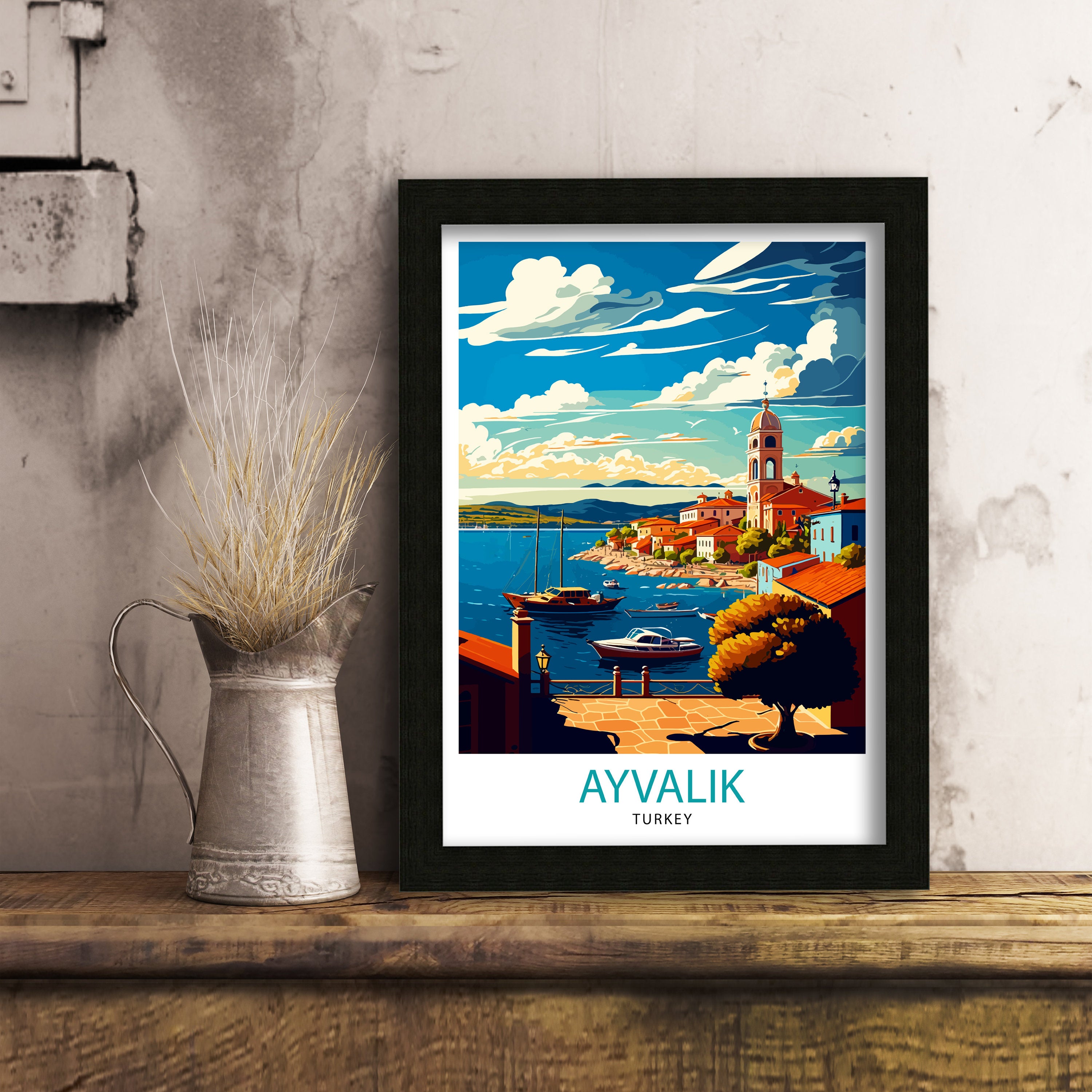 Ayvalik Turkey Travel Poster, Coastal Illustration