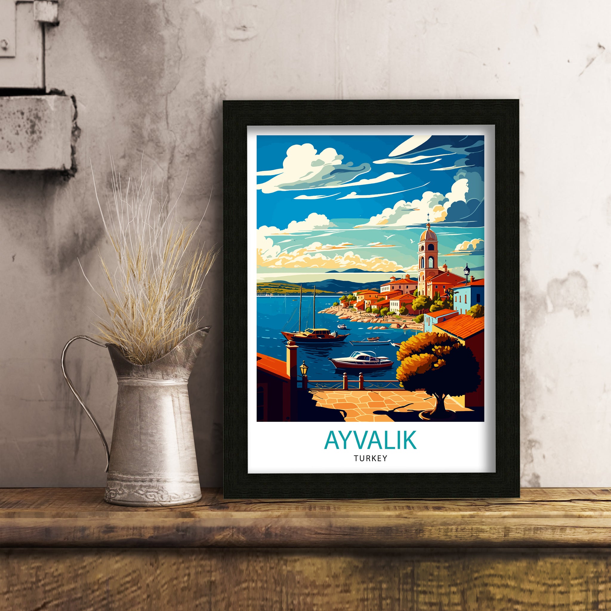 Ayvalik Turkey Travel Poster, Coastal Illustration