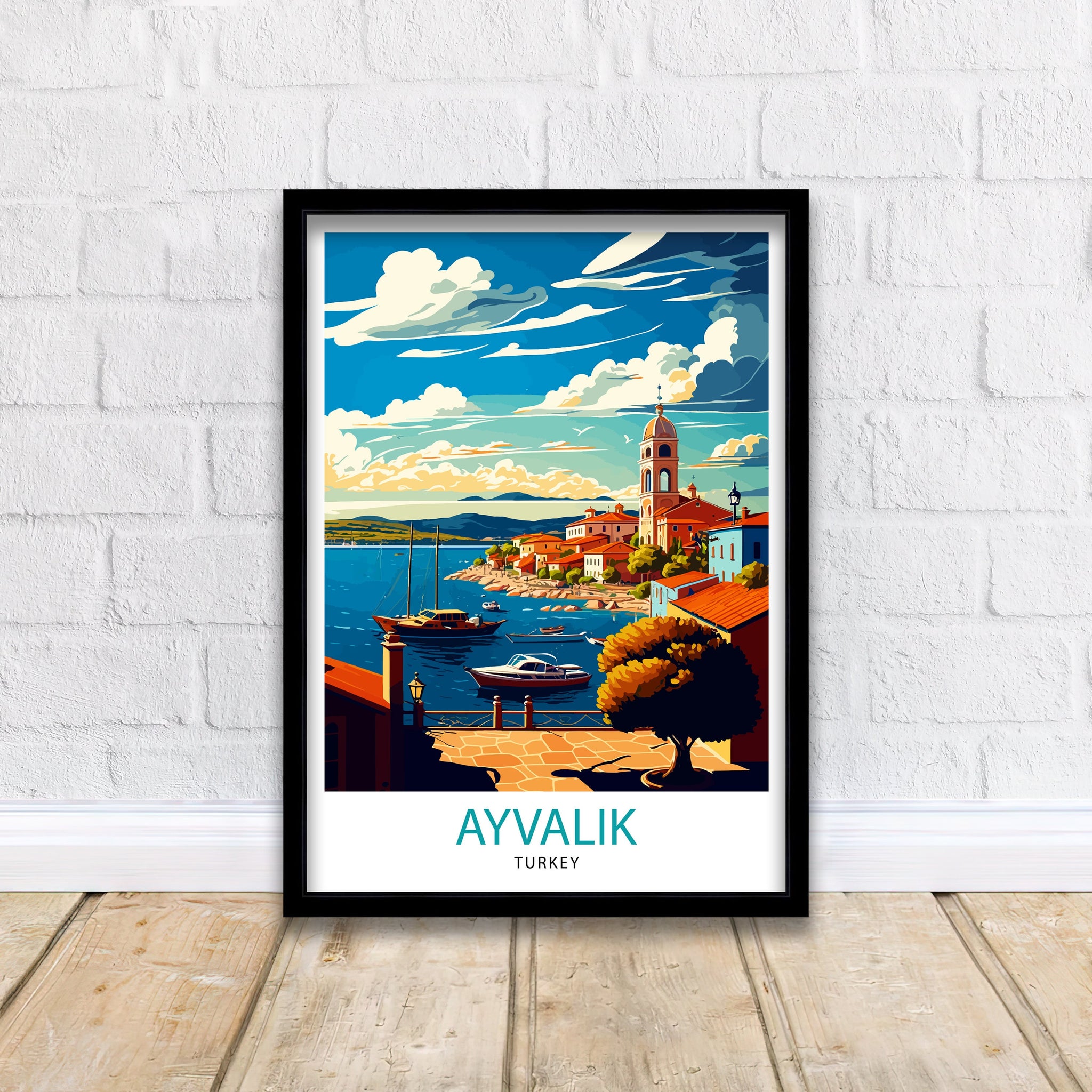 Ayvalik Turkey Travel Poster, Coastal Illustration