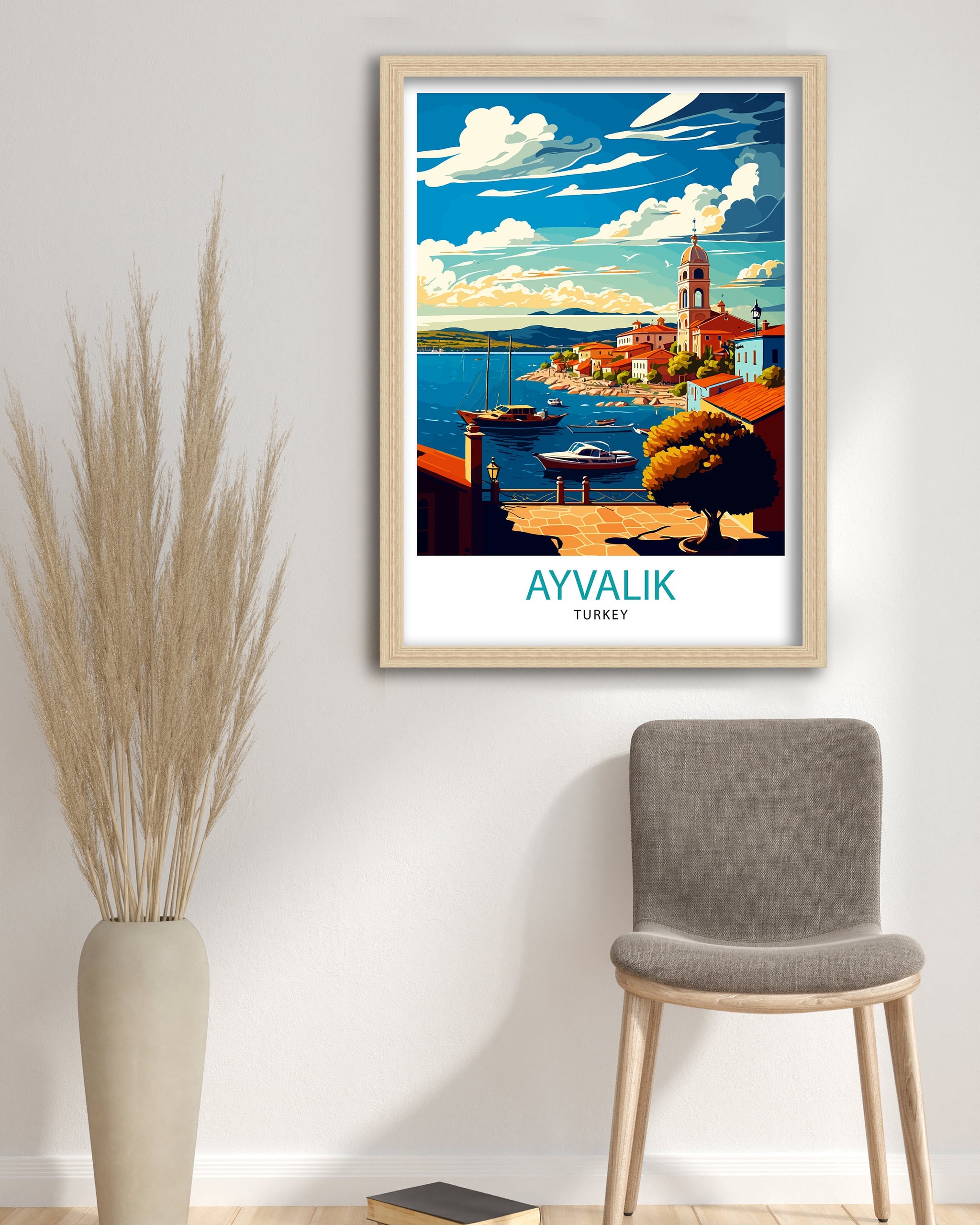 Ayvalik Turkey Travel Poster, Coastal Illustration