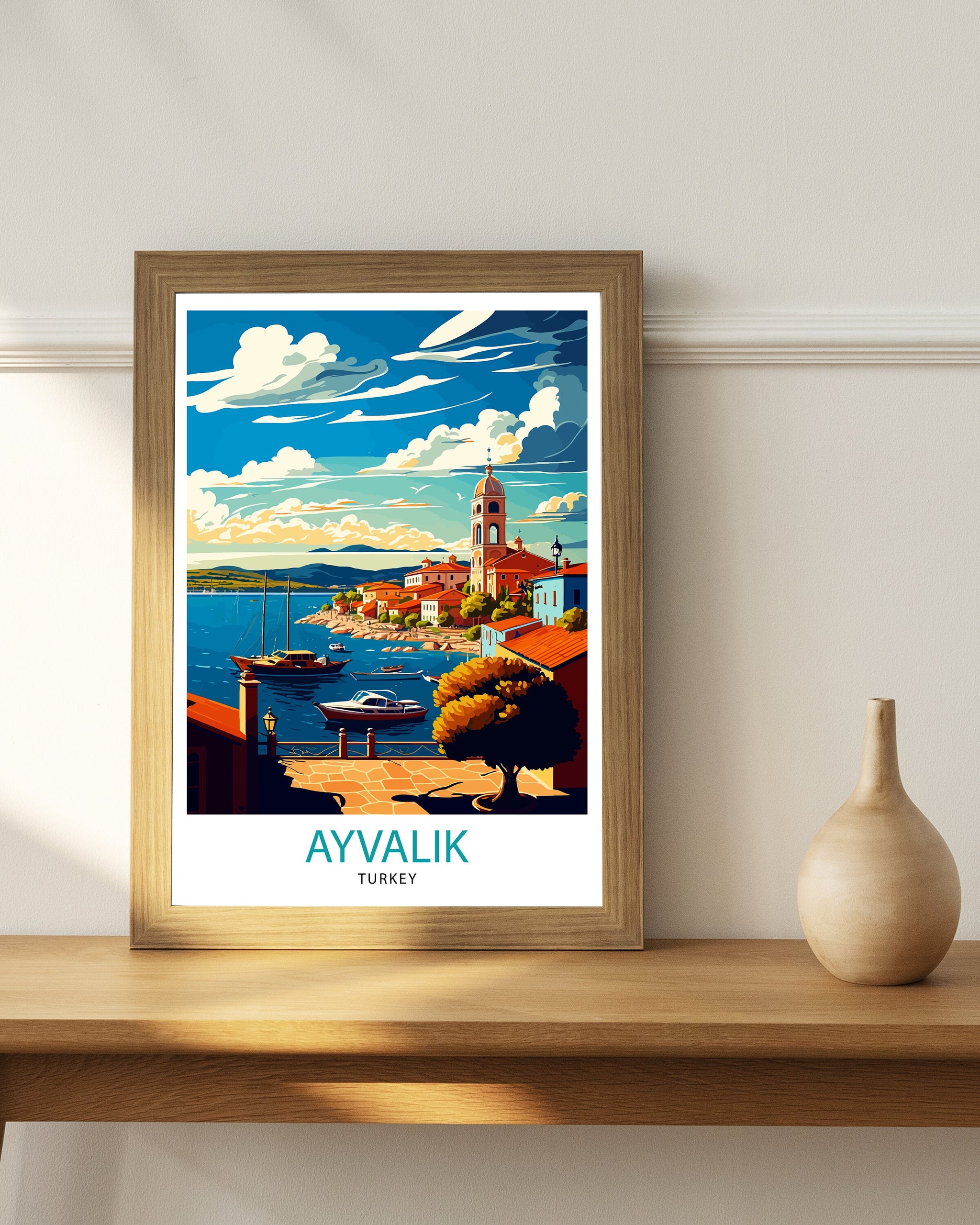 Ayvalik Turkey Travel Poster, Coastal Illustration