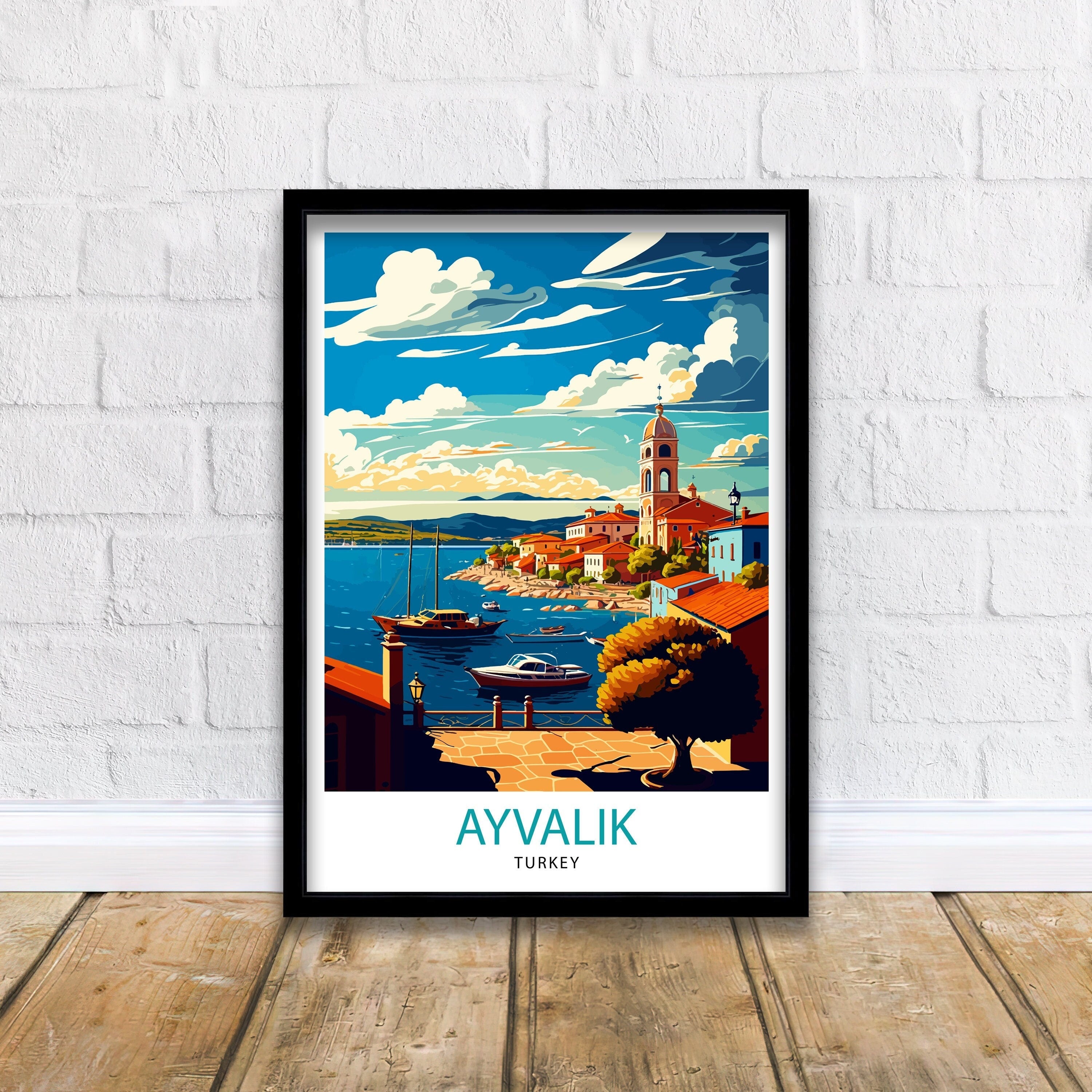 Ayvalik Turkey Travel Poster, Coastal Illustration