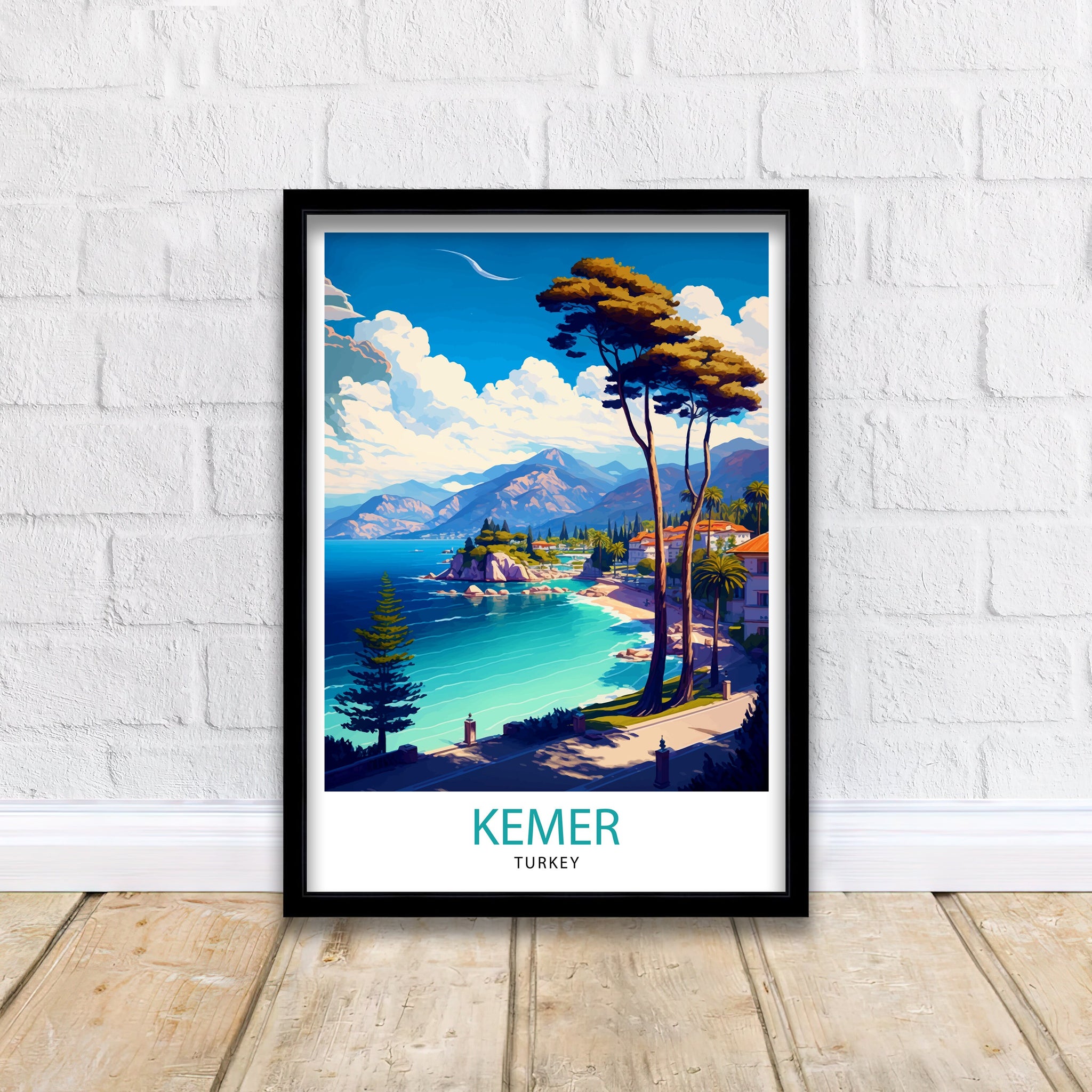 Kemer Turkey Travel Poster, Coastal Illustration Art Print