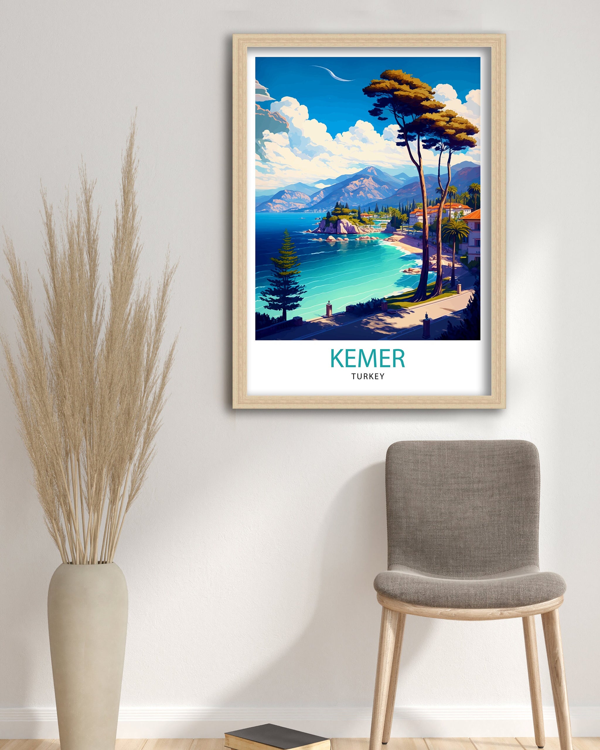 Kemer Turkey Travel Poster, Coastal Illustration Art Print