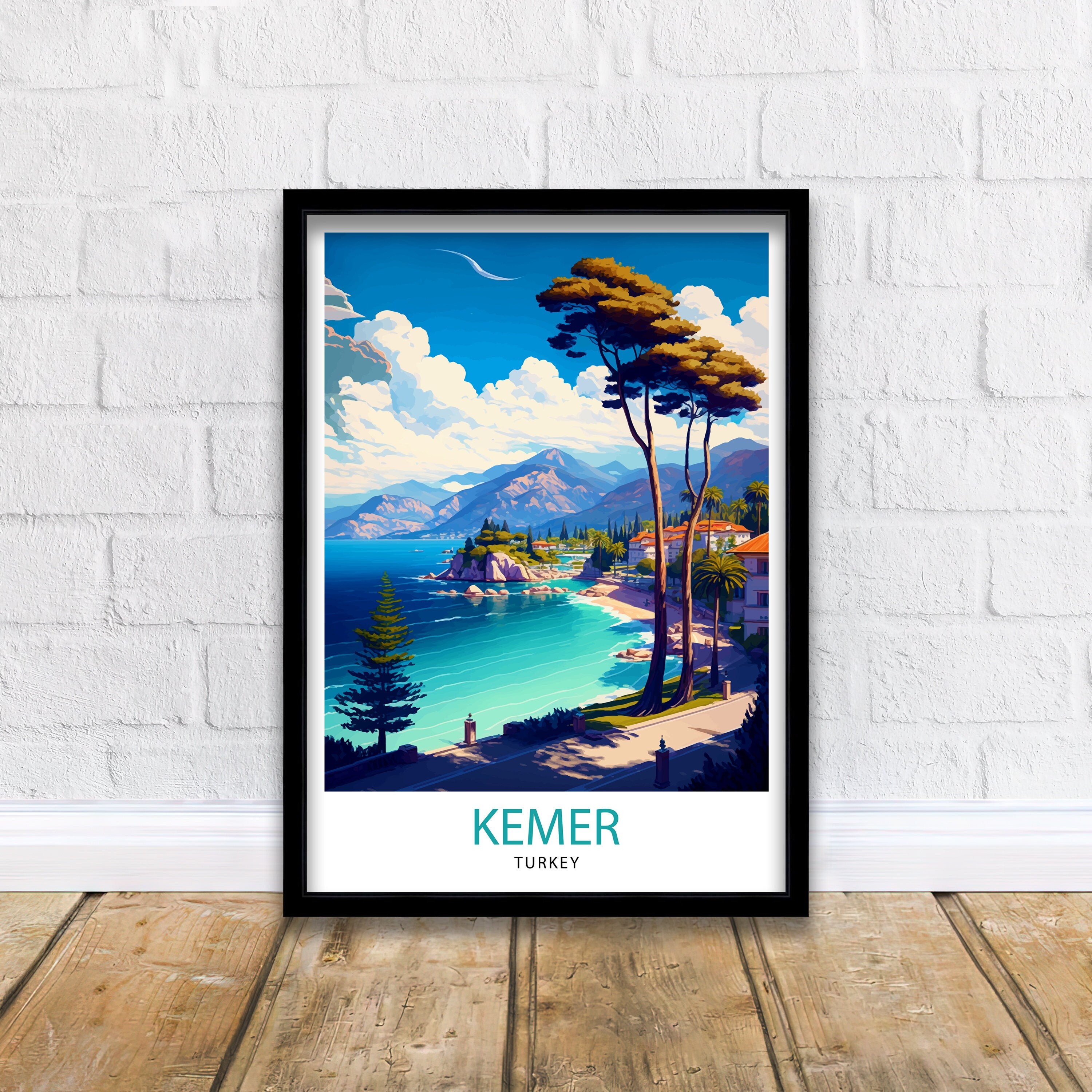 Kemer Turkey Travel Poster, Coastal Illustration Art Print