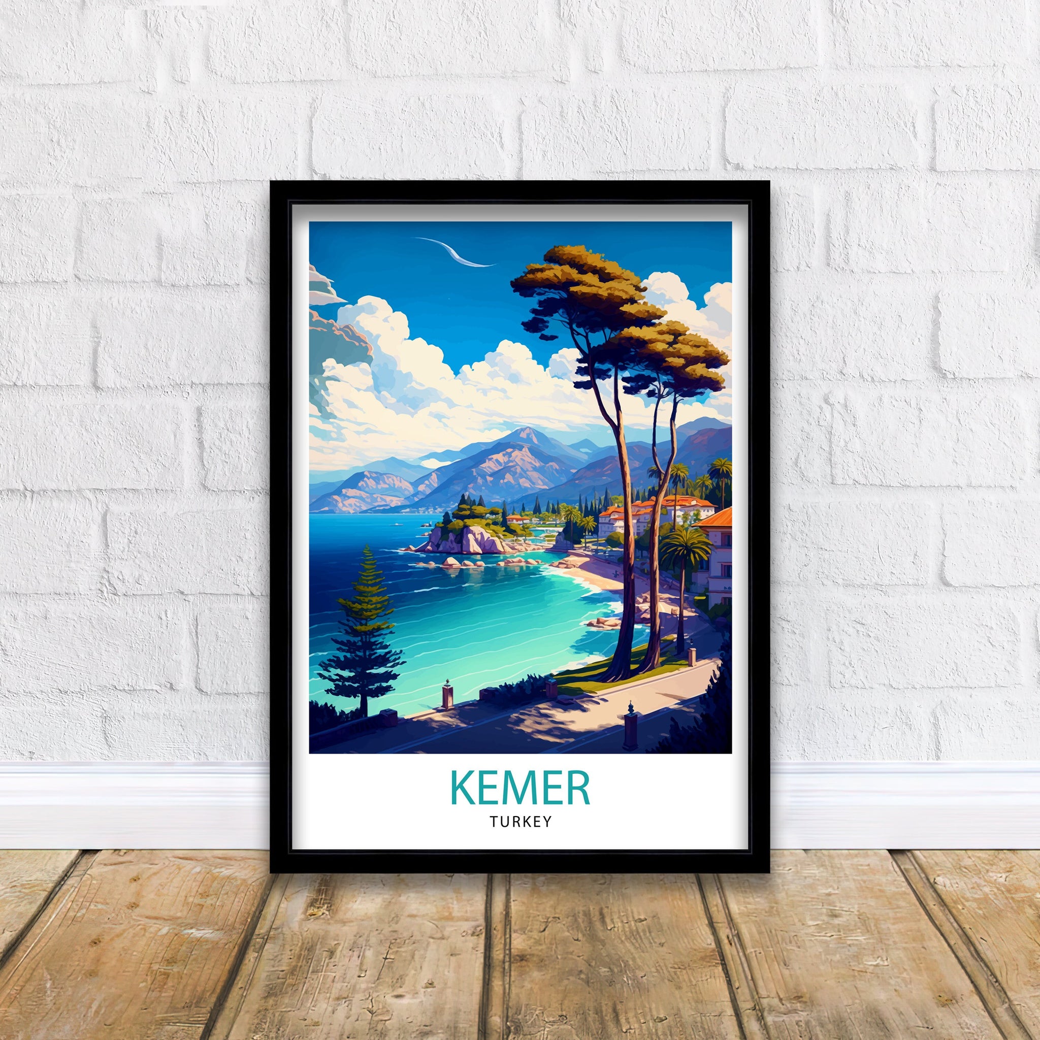 Kemer Turkey Travel Poster, Coastal Illustration Art Print