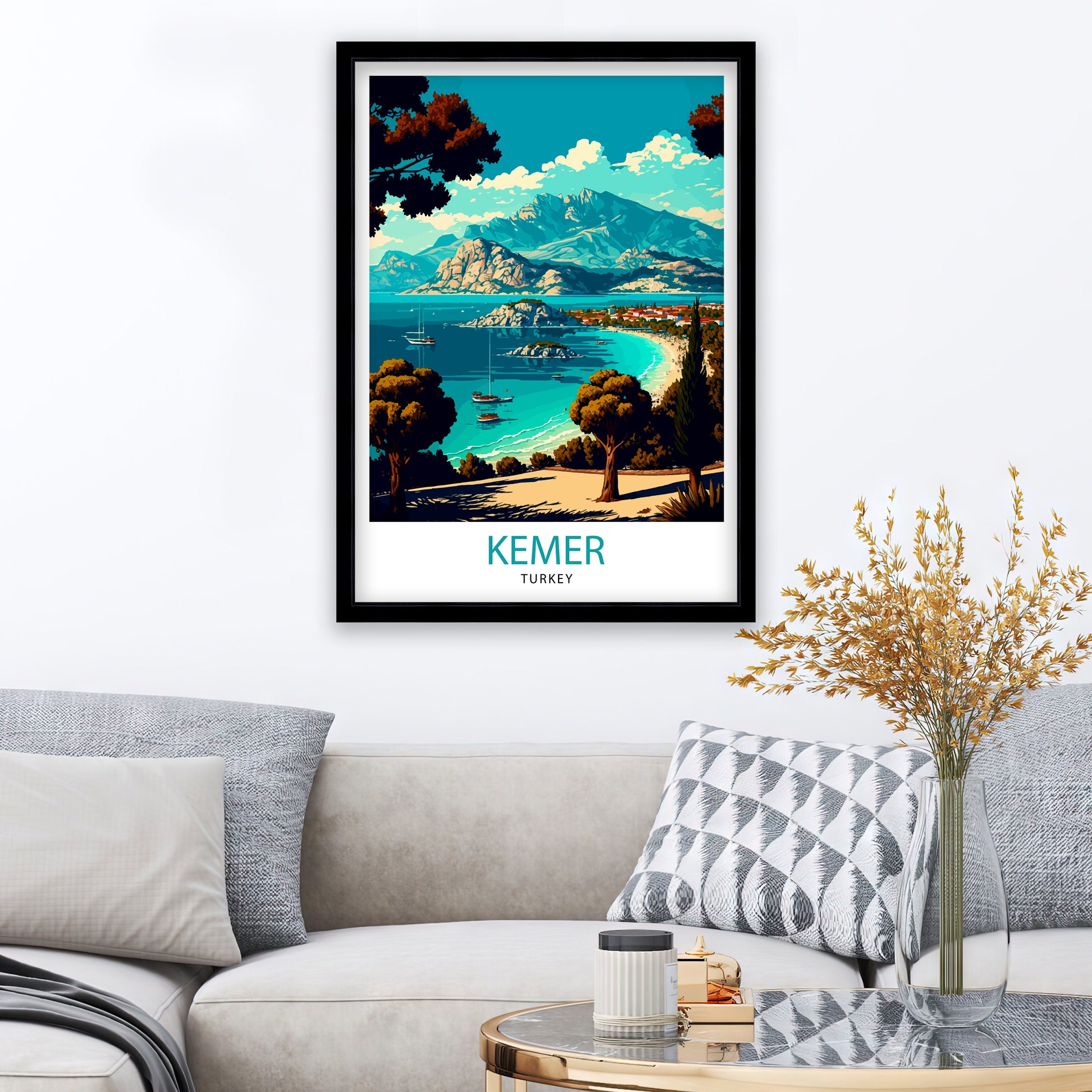 Kemer Turkey Travel Print, Coastal Illustration Art