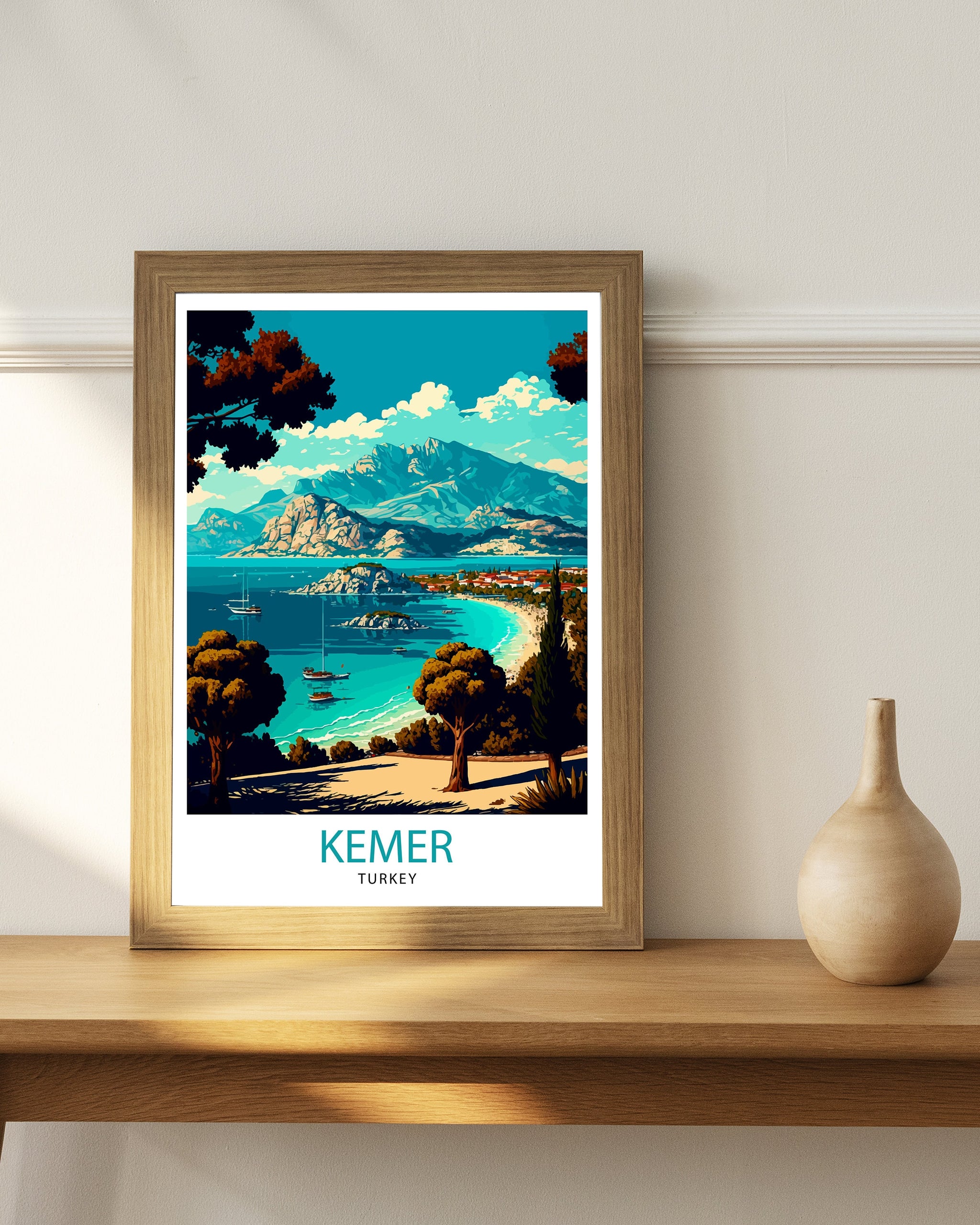 Kemer Turkey Travel Print, Coastal Illustration Art