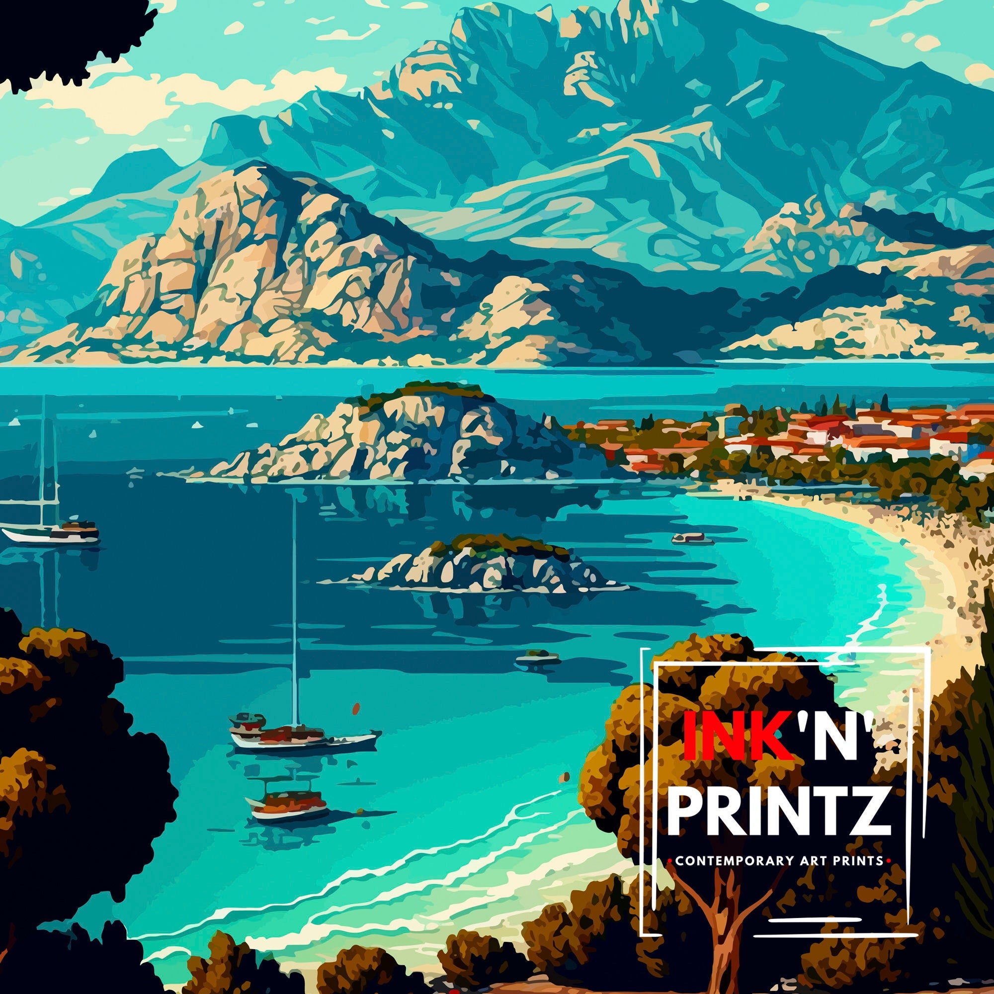 Kemer Turkey Travel Print, Coastal Illustration Art