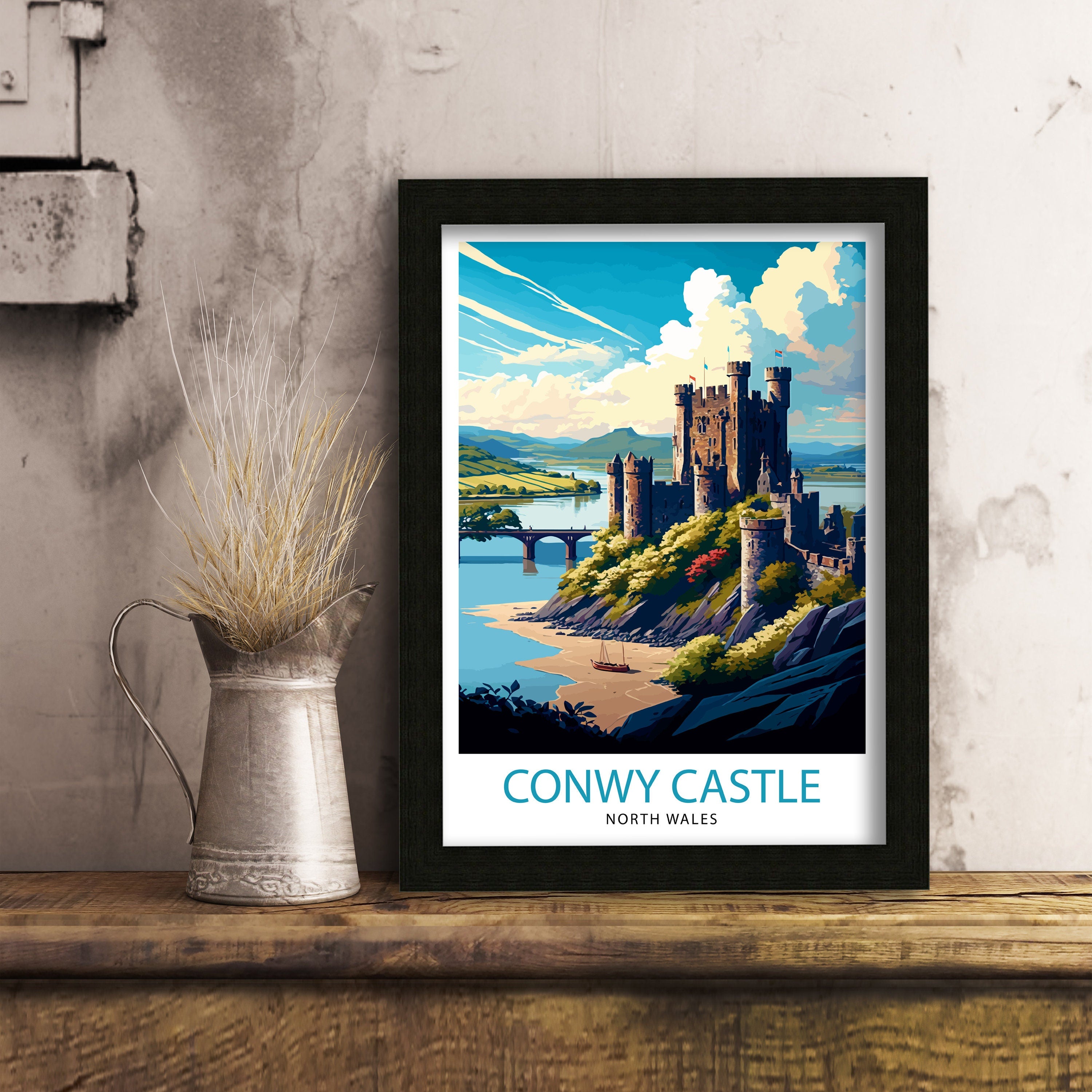 Conwy Castle Wales Travel Print, Medieval Fortress Illustration
