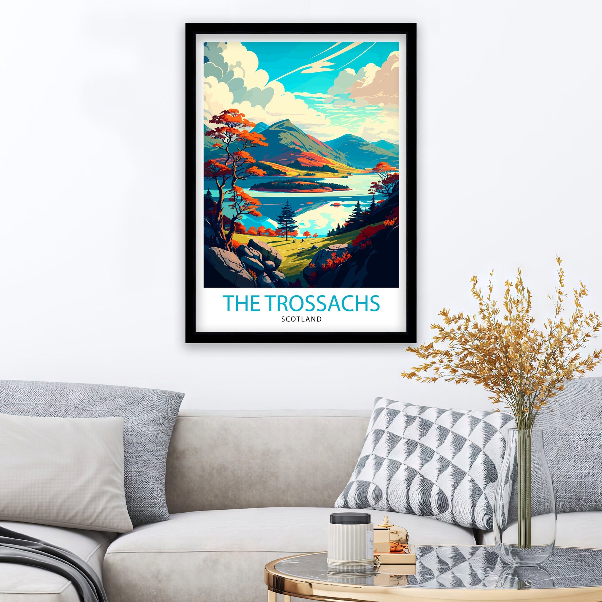 Trossachs Scotland Travel Poster, Landscape Illustration