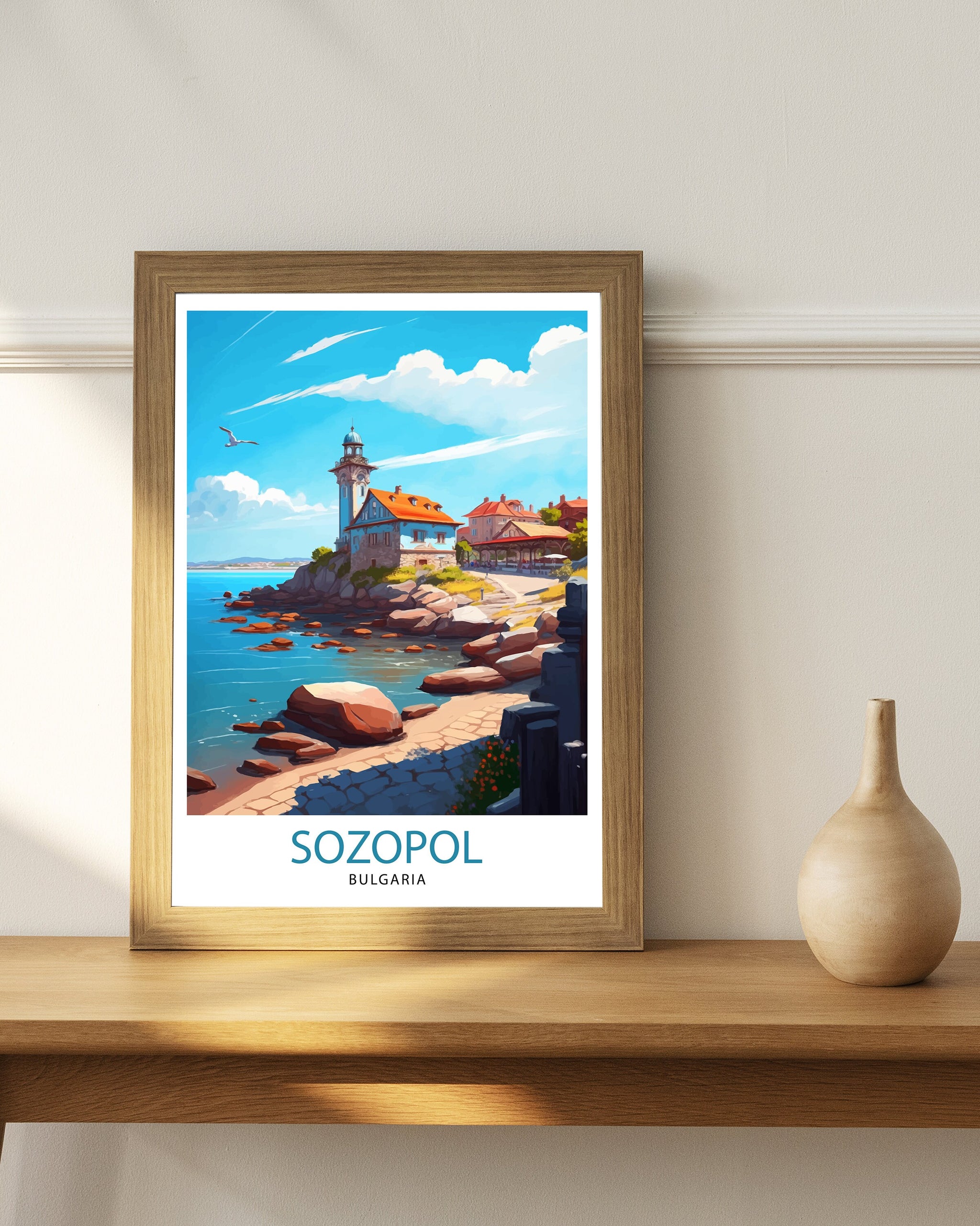 Sozopol Bulgaria Travel Poster, Coastal Illustration