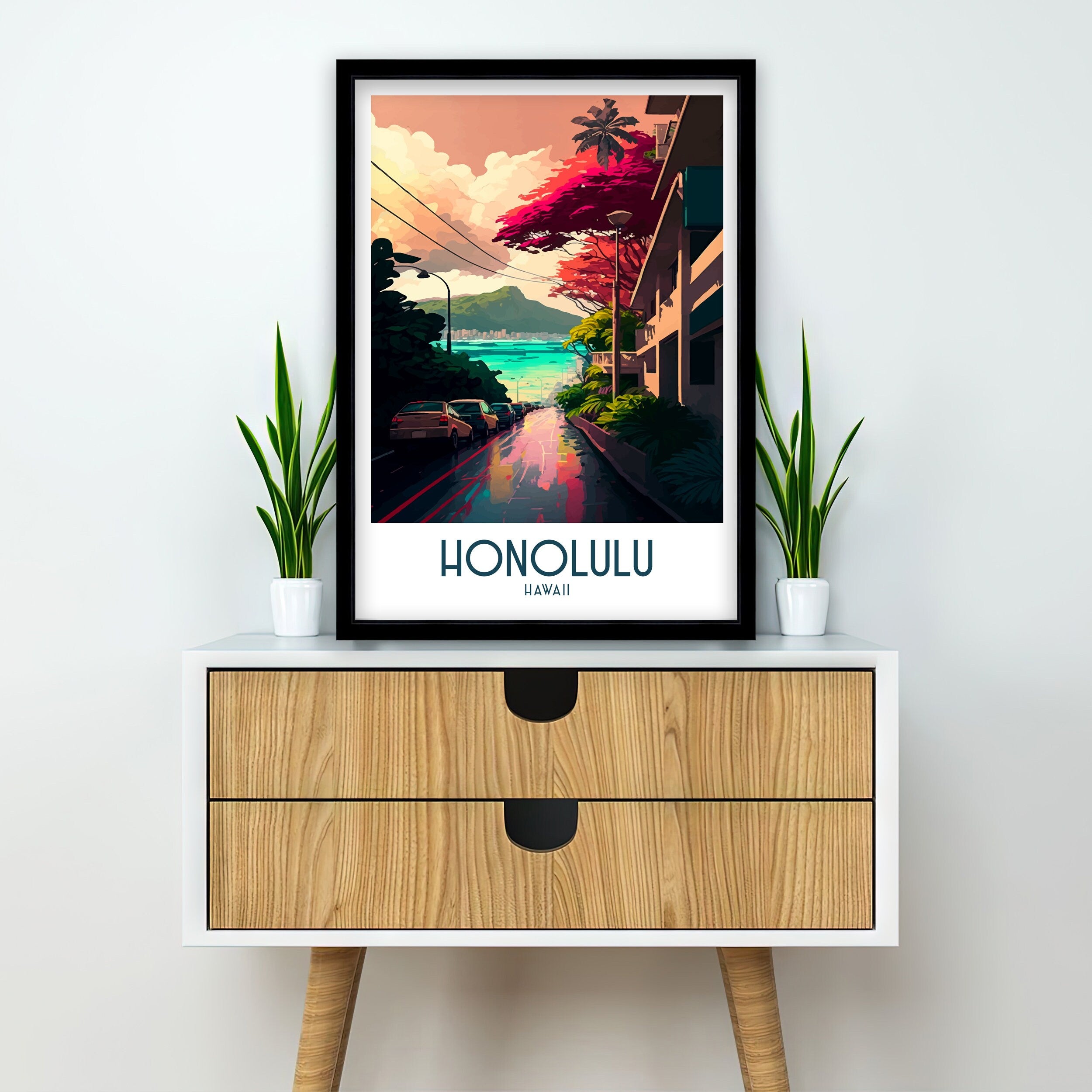 Honolulu Travel Poster | Waikiki Beach & Diamond Head Art Print
