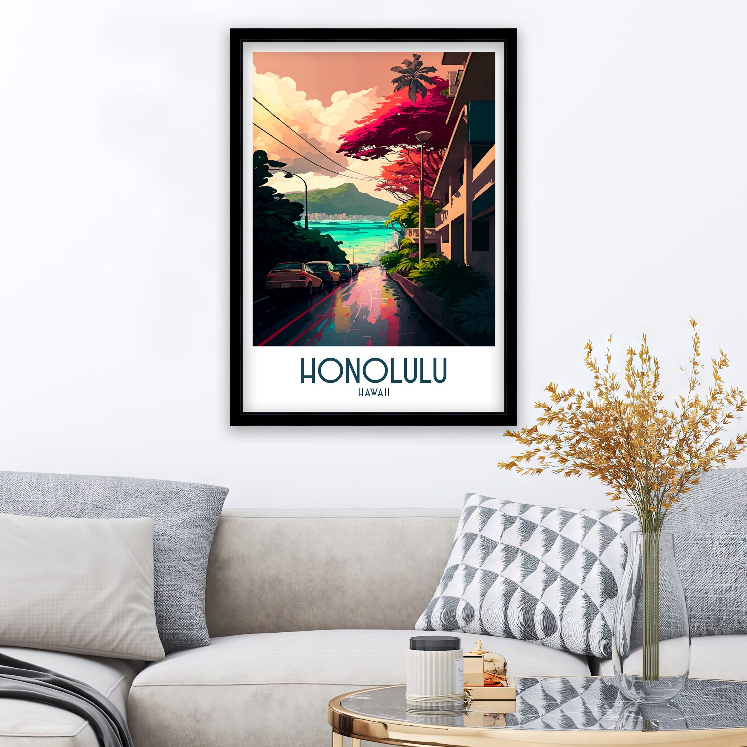 Honolulu Travel Poster | Waikiki Beach & Diamond Head Art Print