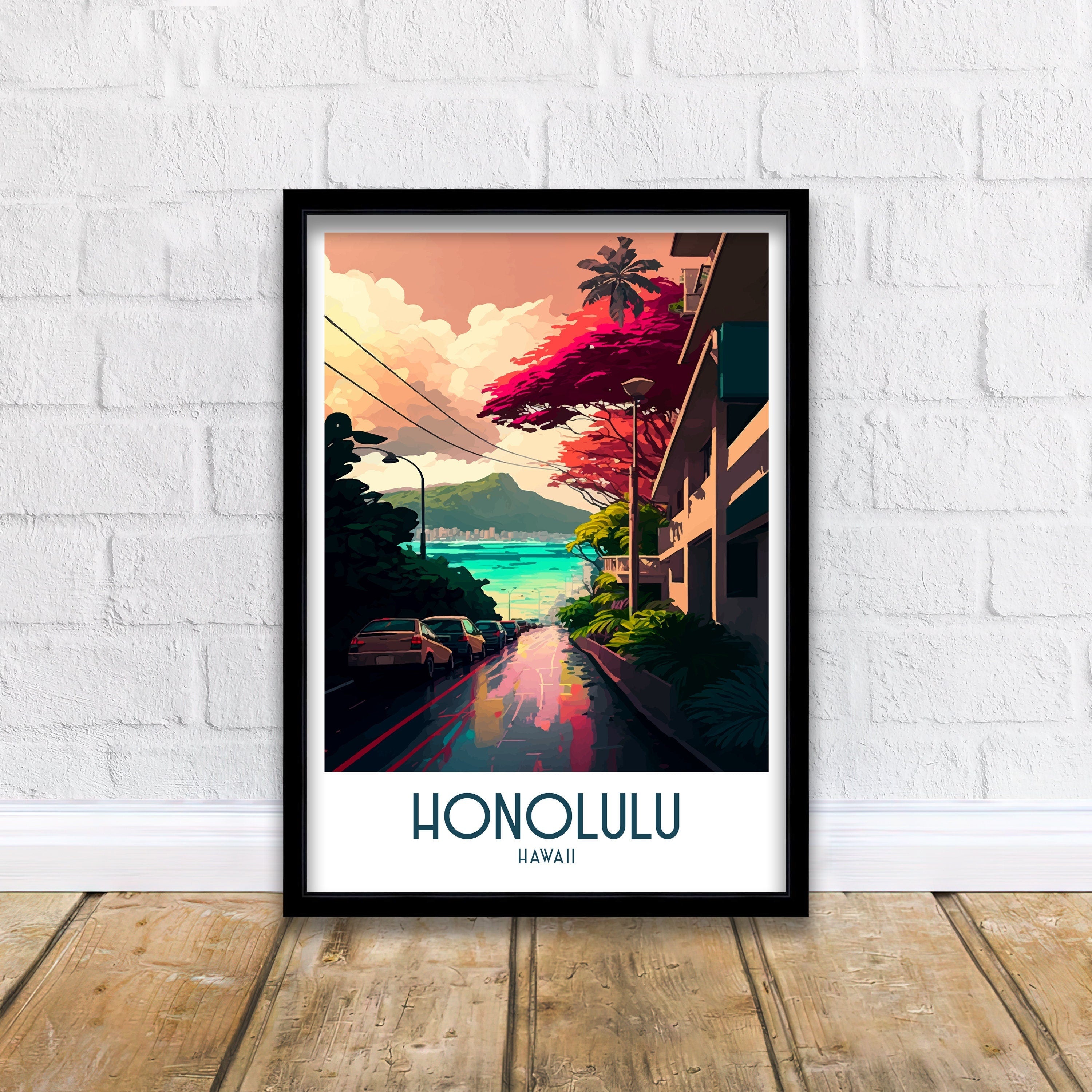 Honolulu Travel Poster | Waikiki Beach & Diamond Head Art Print