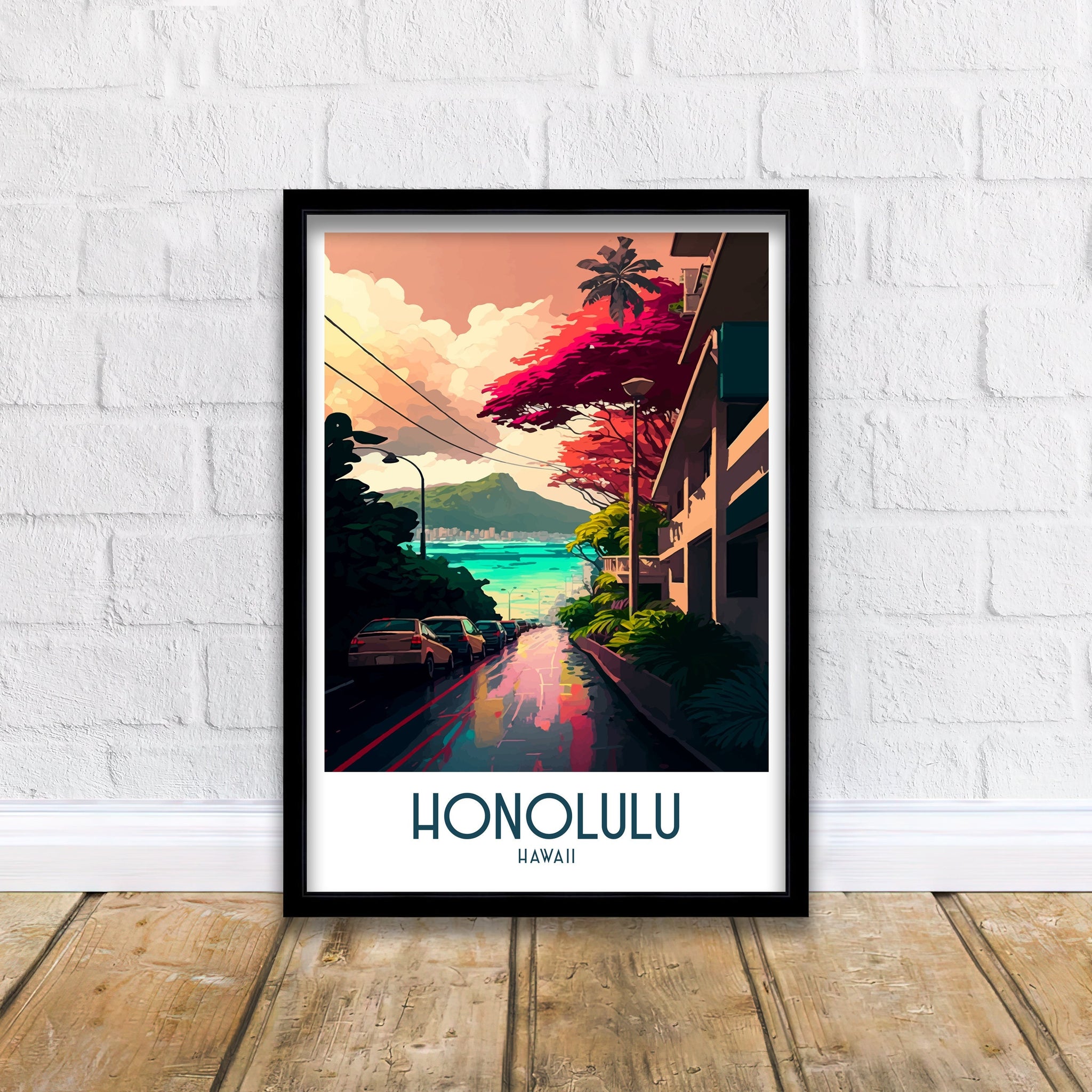 Honolulu Travel Poster | Waikiki Beach & Diamond Head Art Print