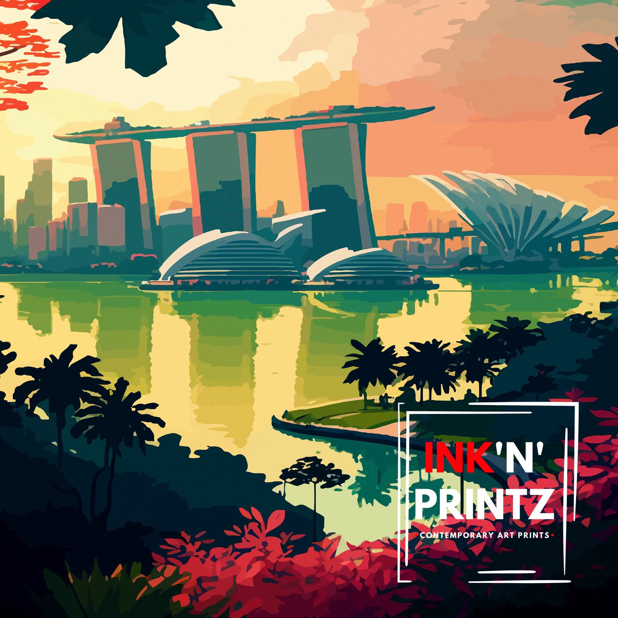Singapore Skyline Travel Print, Cityscape Art
