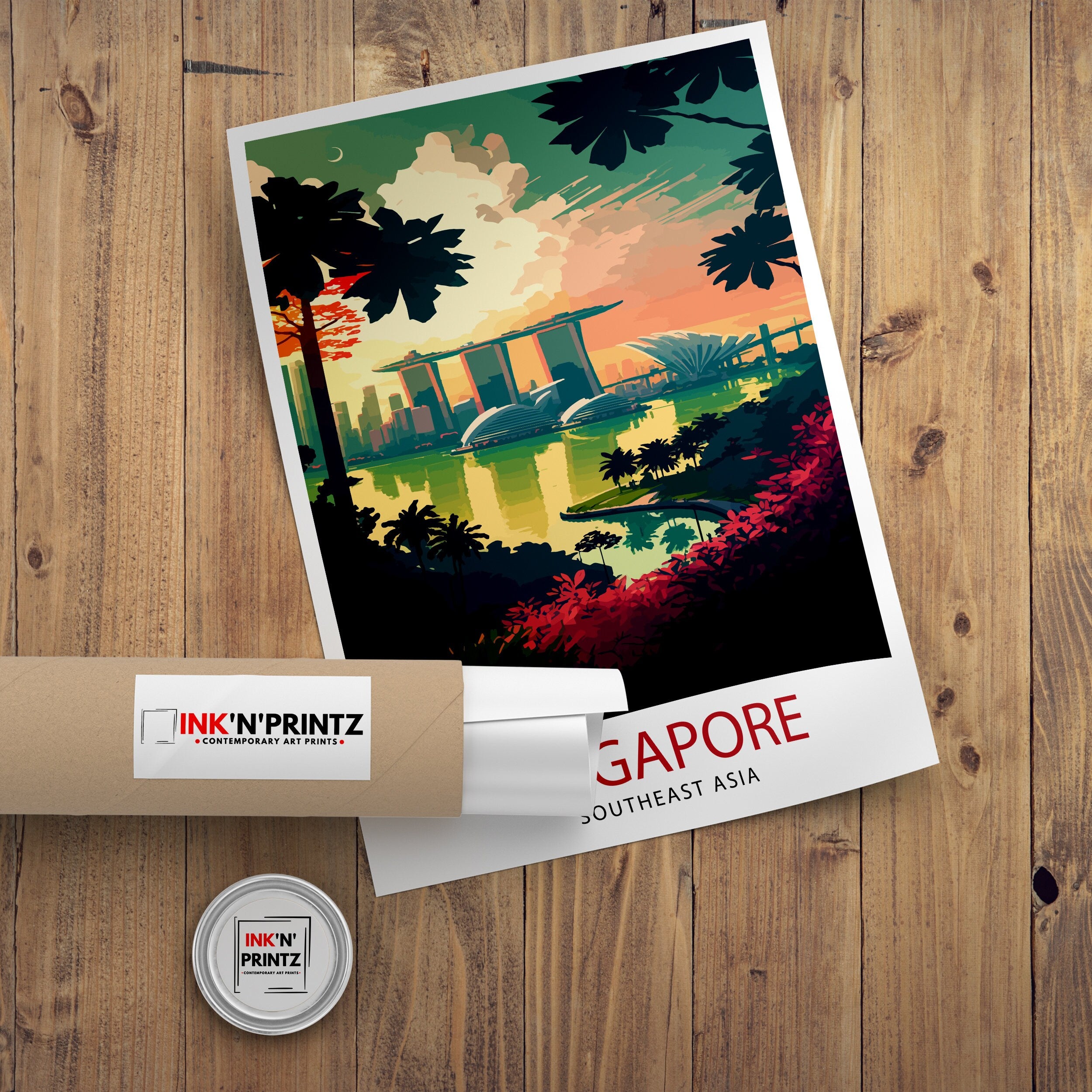 Singapore Skyline Travel Print, Cityscape Art