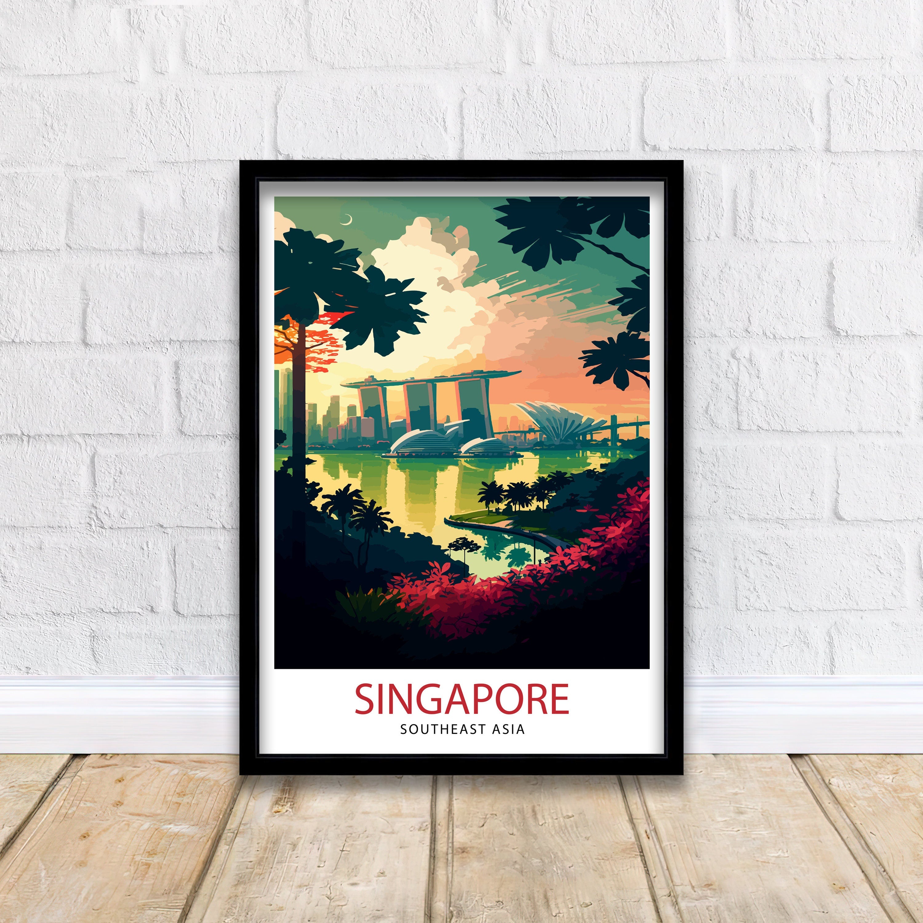 Singapore Skyline Travel Print, Cityscape Art