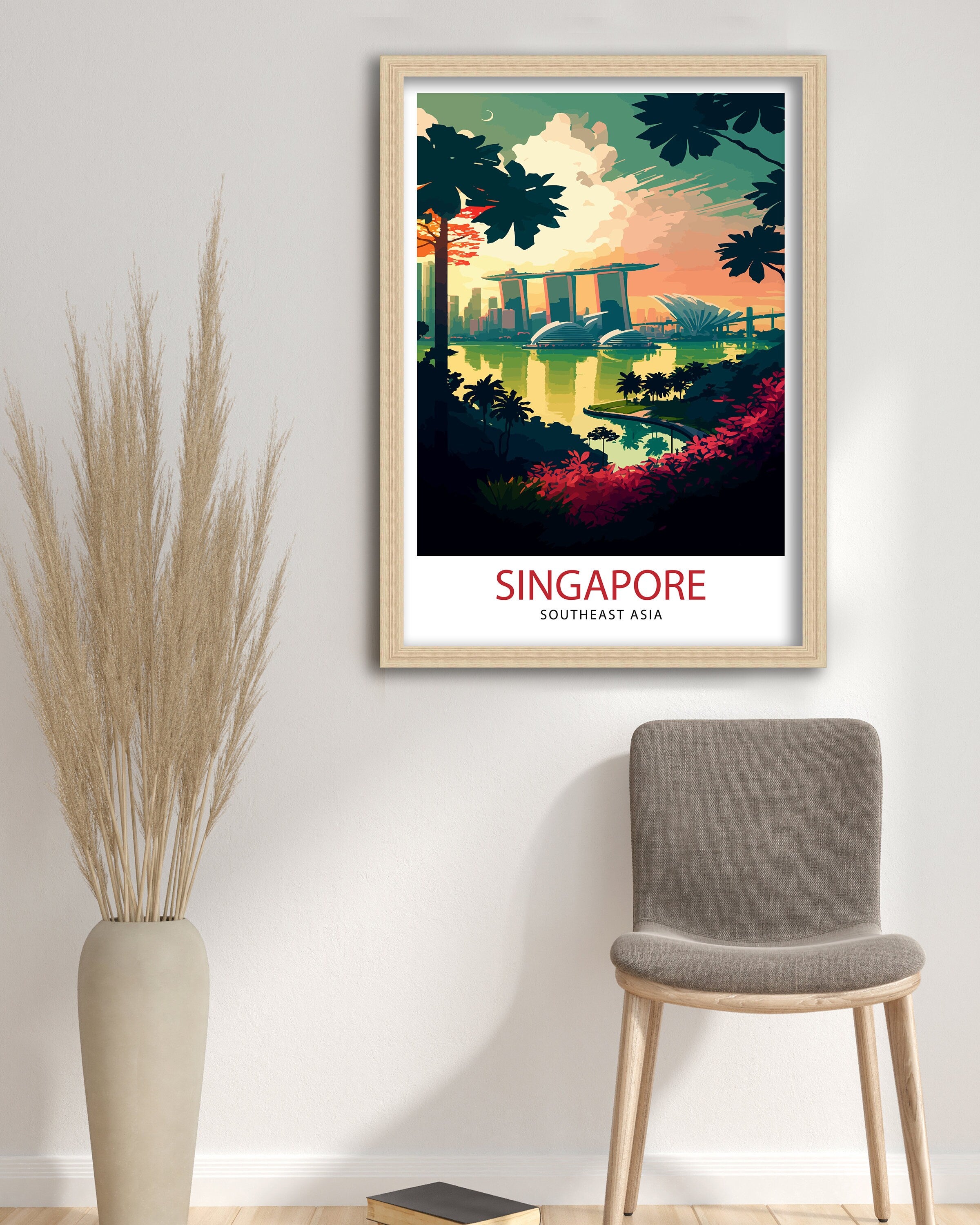 Singapore Skyline Travel Print, Cityscape Art