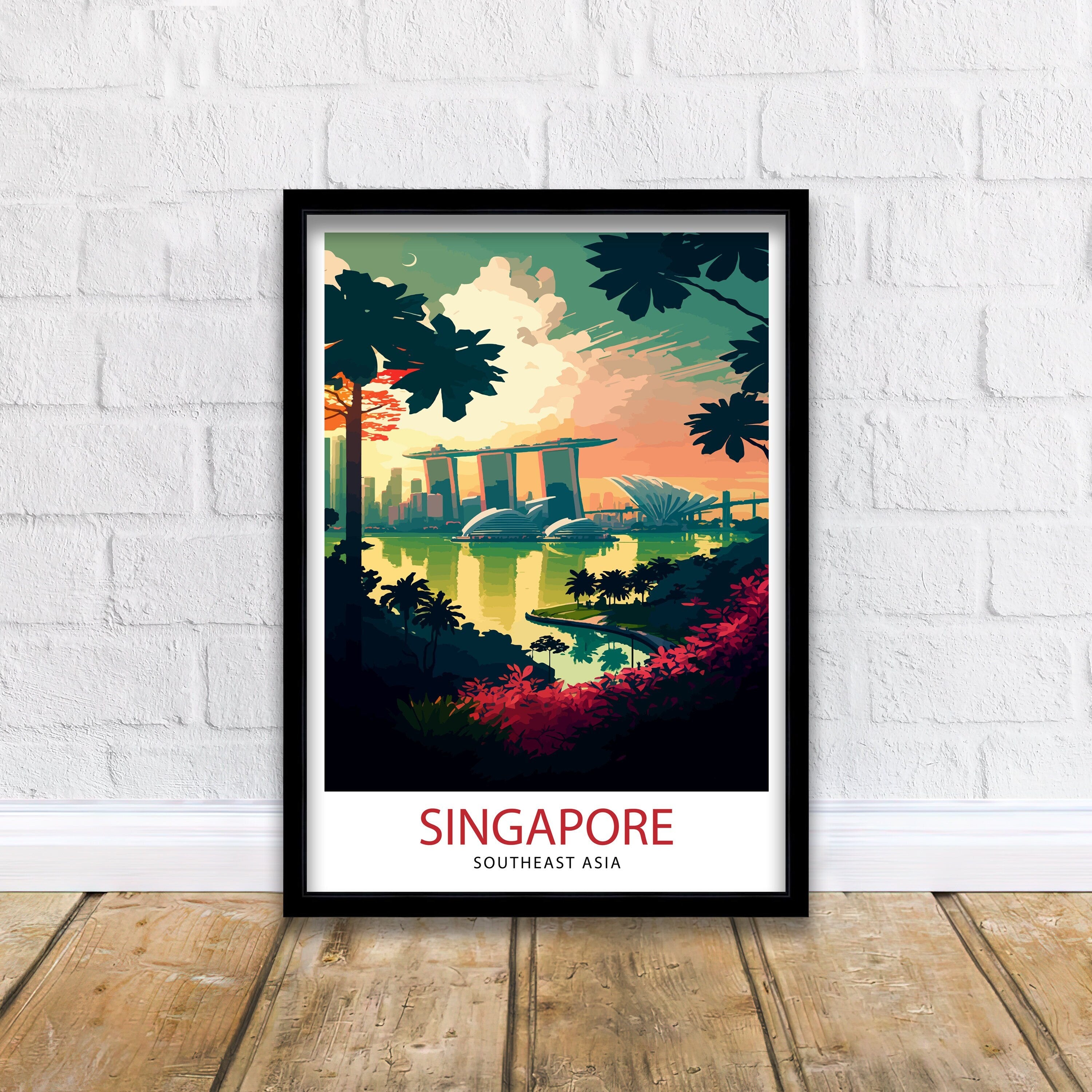 Singapore Skyline Travel Print, Cityscape Art