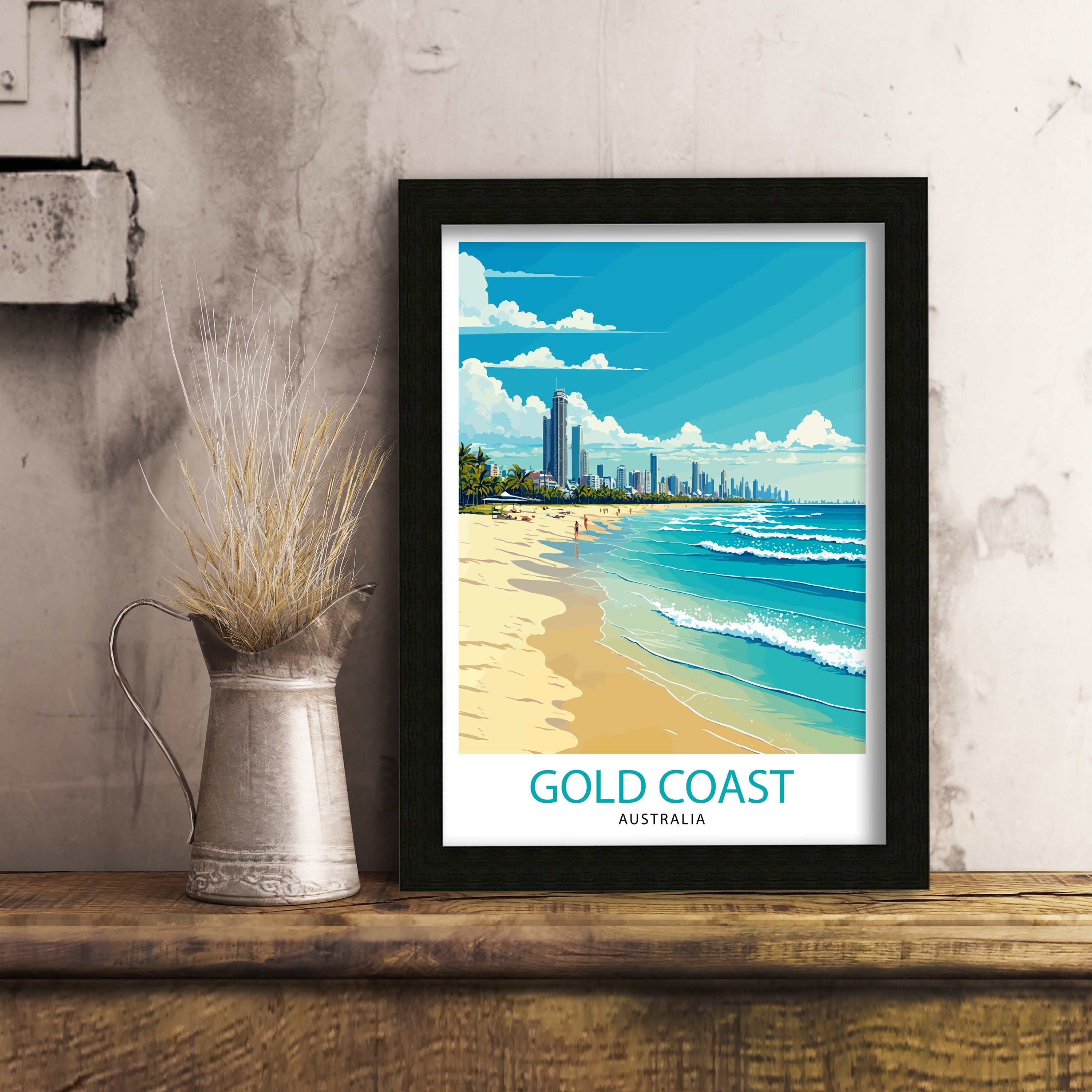 Gold Coast Australia Travel Poster, Beach Illustration