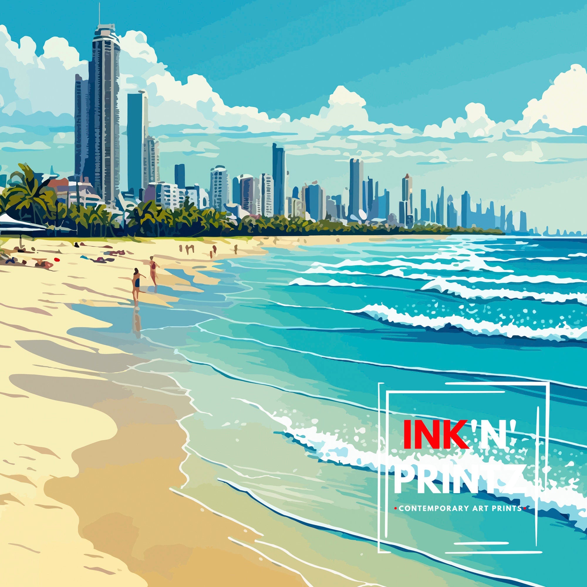 Gold Coast Australia Travel Poster, Beach Illustration