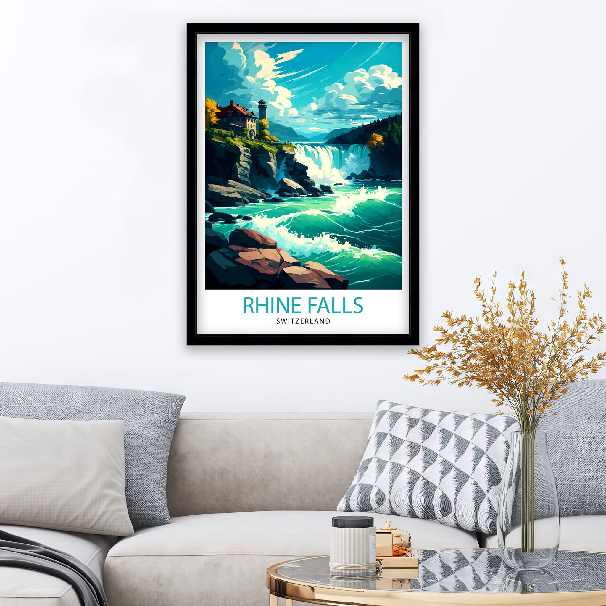 Rhine Falls Switzerland Print, Illustrated Travel Poster