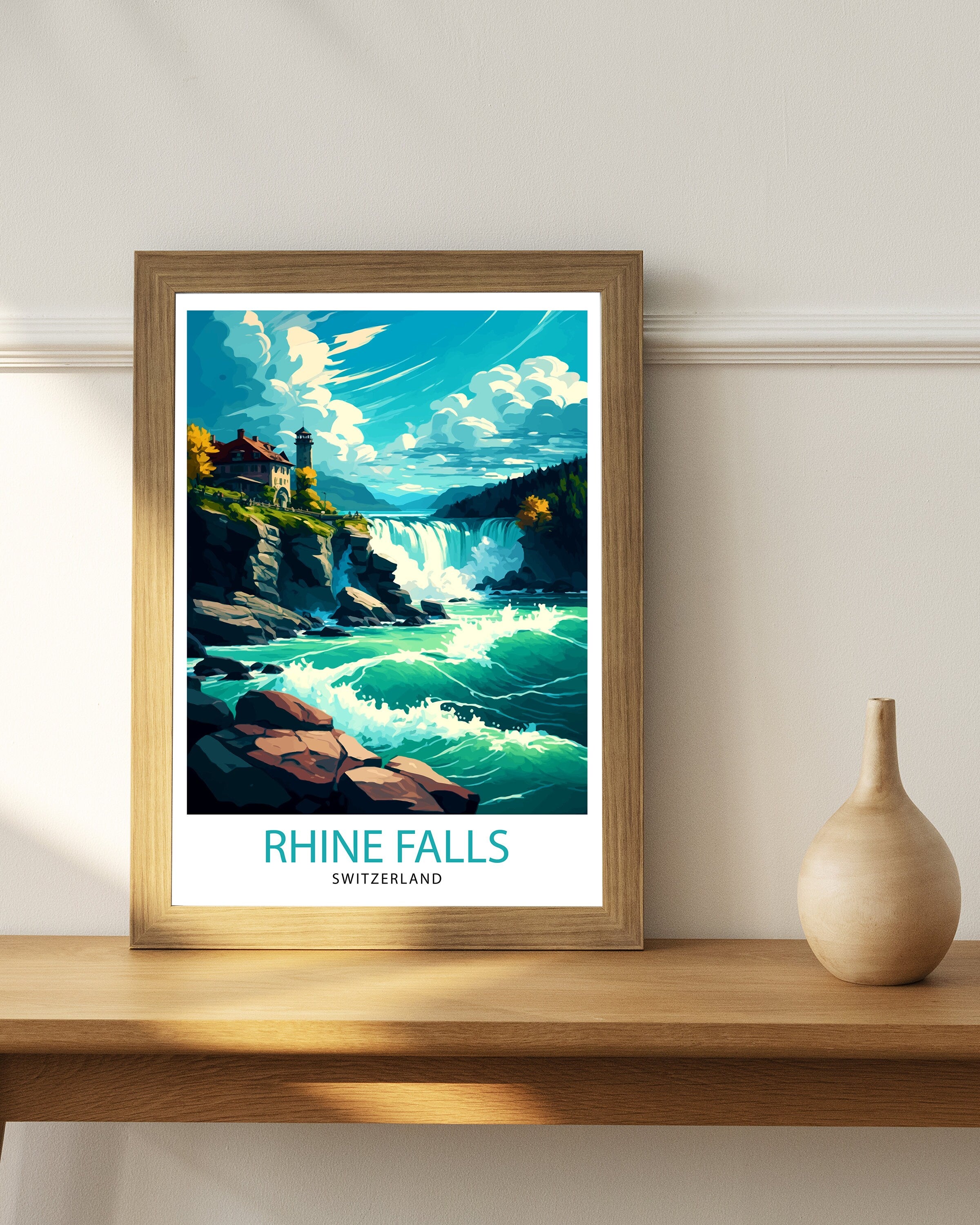 Rhine Falls Switzerland Print, Illustrated Travel Poster