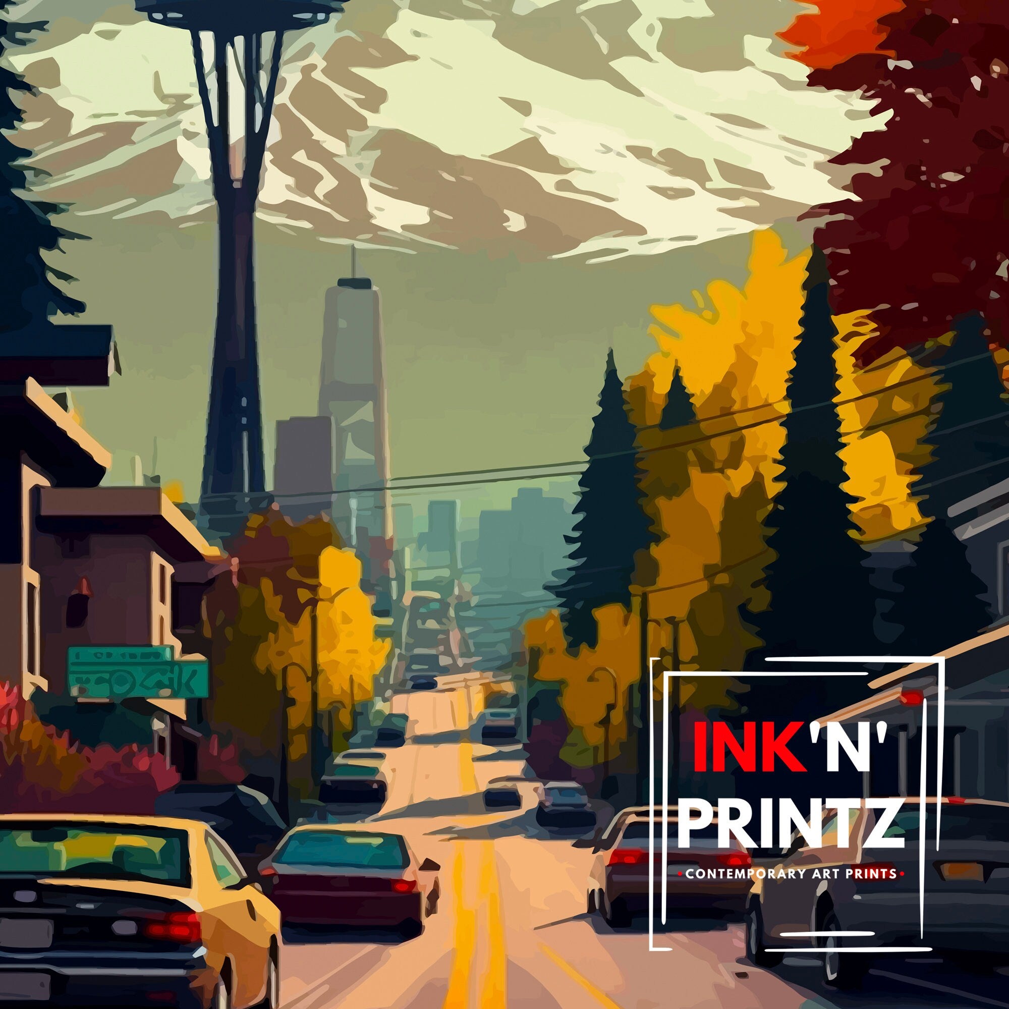 Seattle Cityscape Art Print | Pacific Northwest Travel Poster