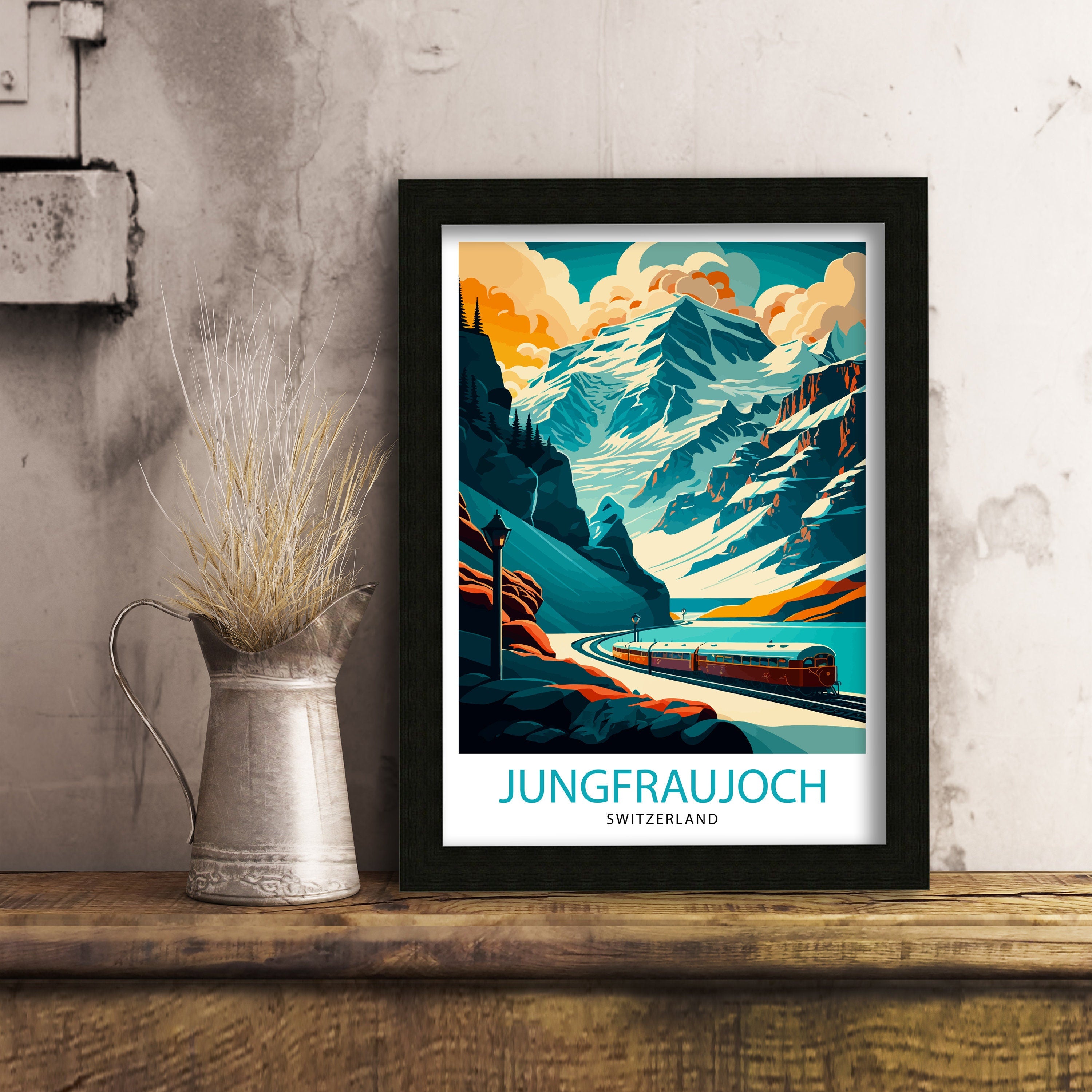 Jungfraujoch Switzerland Travel Poster, Mountain Train Art Print