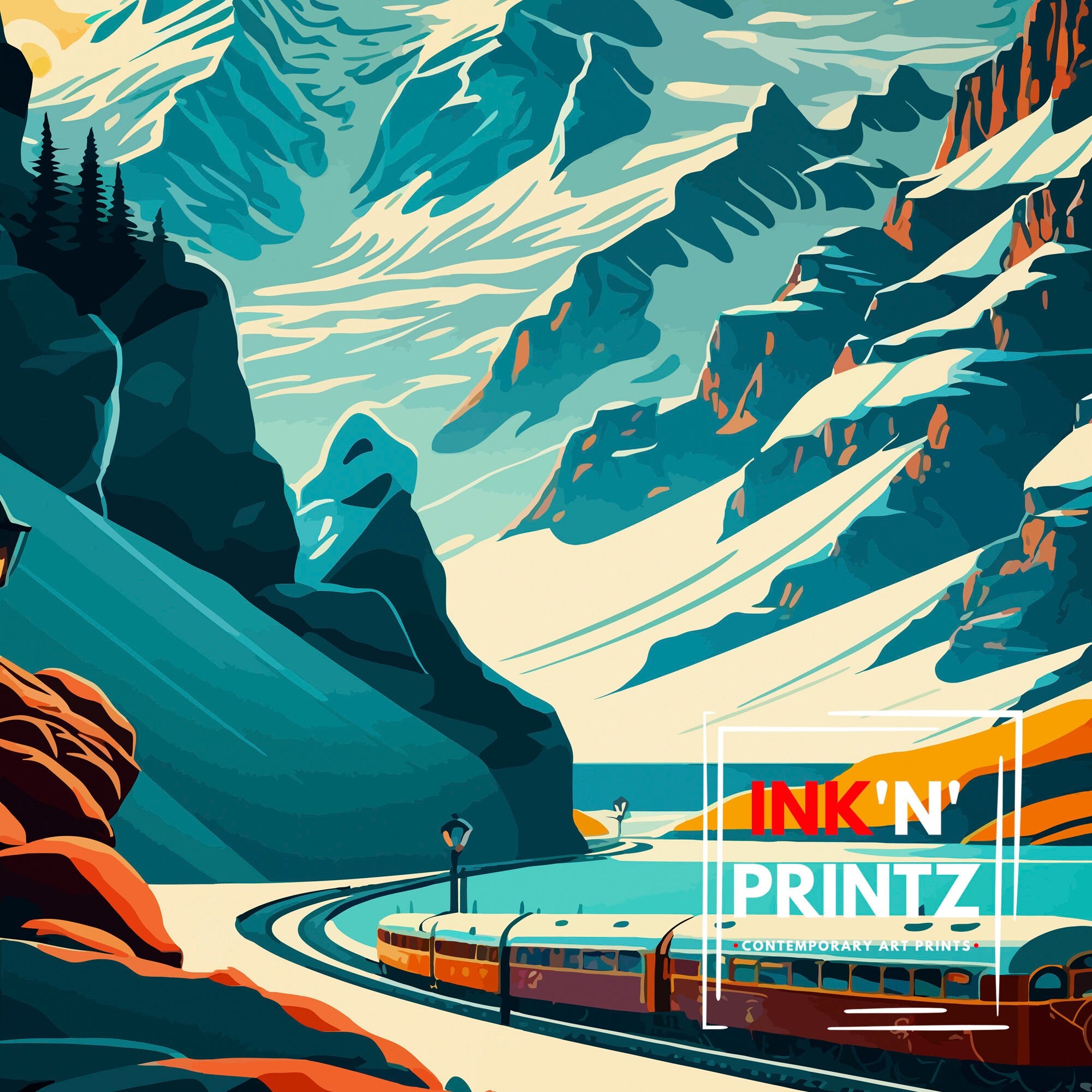 Jungfraujoch Switzerland Travel Poster, Mountain Train Art Print