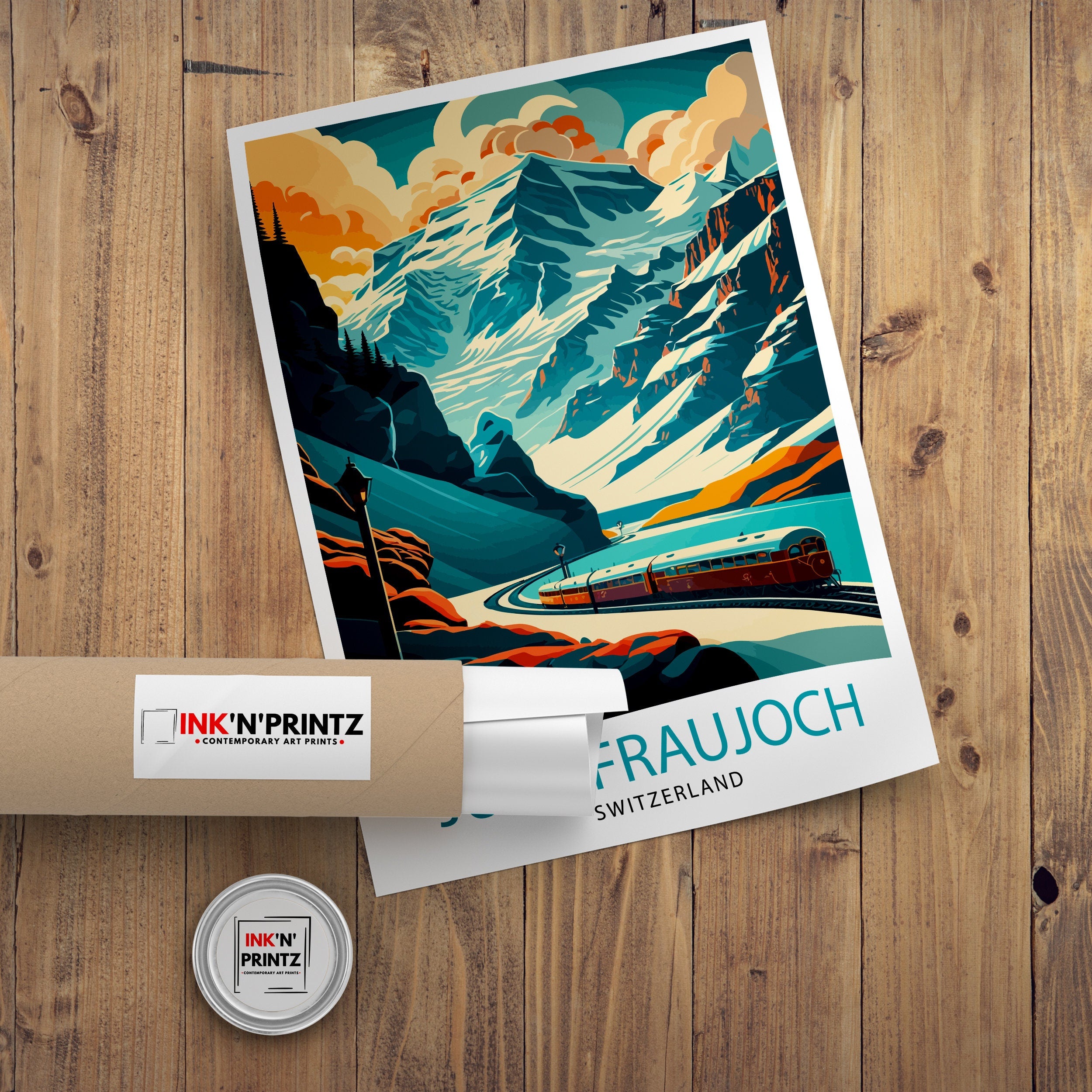 Jungfraujoch Switzerland Travel Poster, Mountain Train Art Print