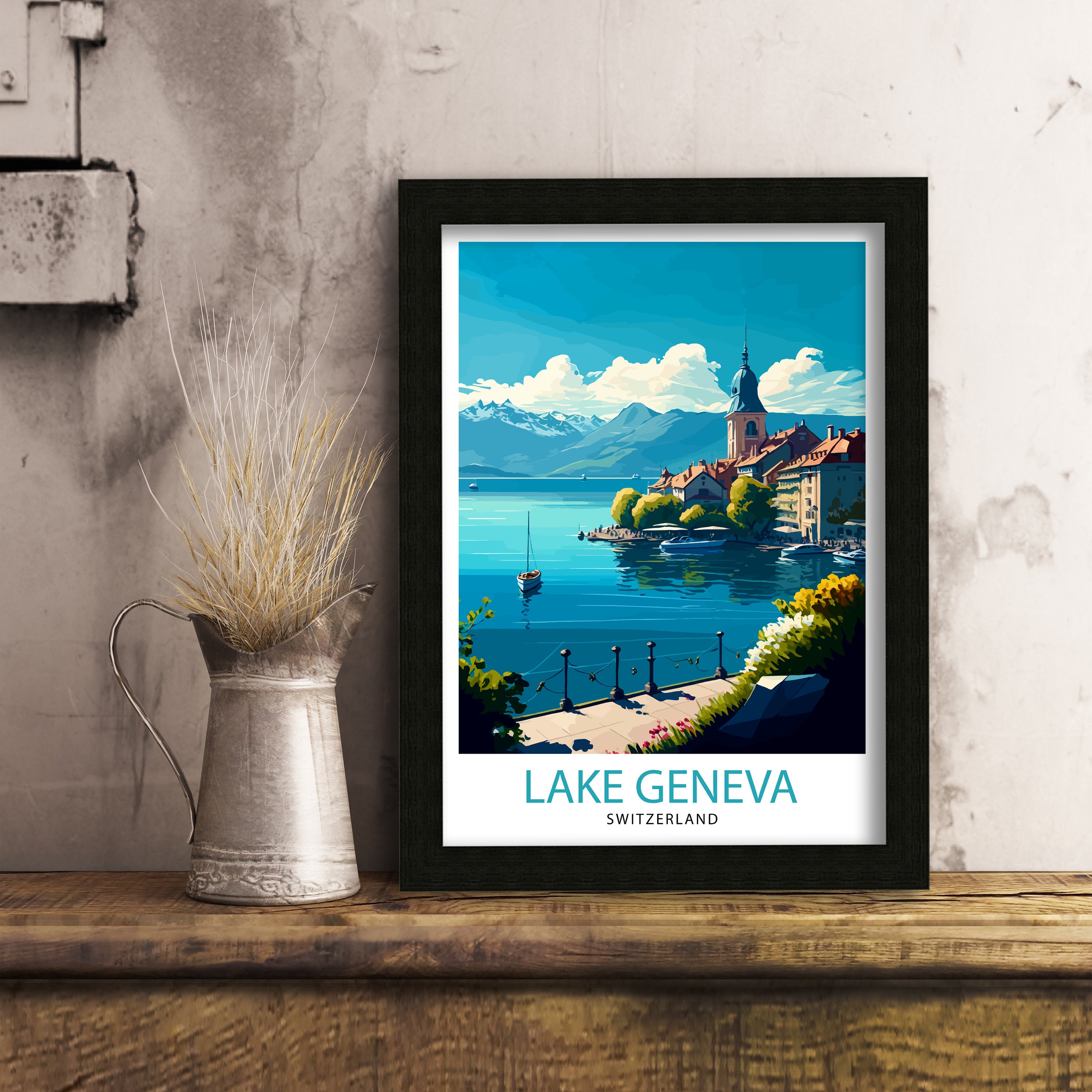 Lake Geneva Switzerland Travel Print Lake Geneva Wall Art Switzerland Travel Poster Lake Geneva Home Decor Lake Geneva Illustration