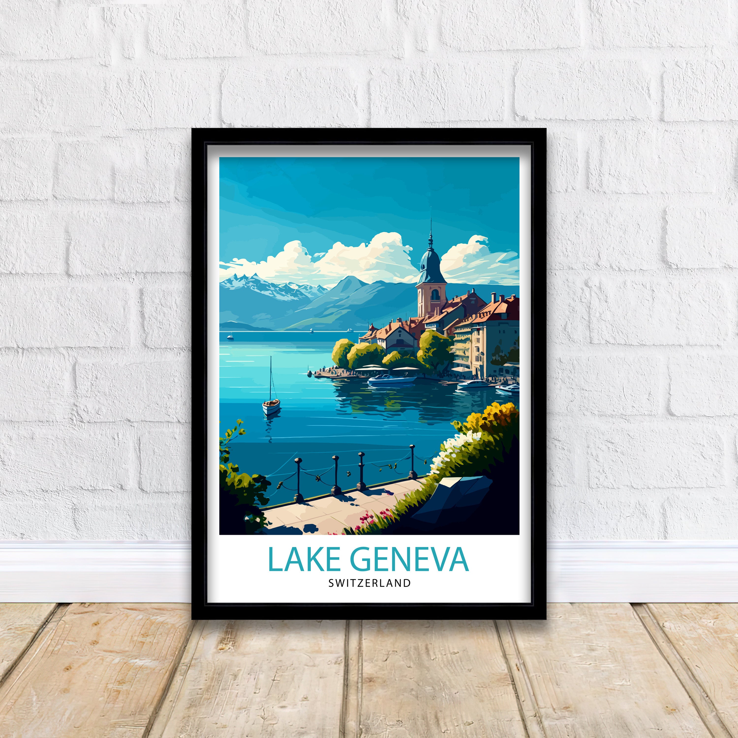 Lake Geneva Switzerland Travel Print Lake Geneva Wall Art Switzerland Travel Poster Lake Geneva Home Decor Lake Geneva Illustration