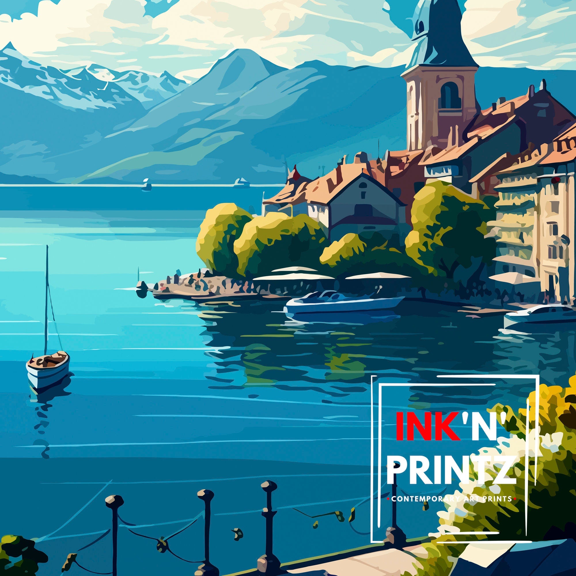 Lake Geneva Switzerland Travel Print Lake Geneva Wall Art Switzerland Travel Poster Lake Geneva Home Decor Lake Geneva Illustration