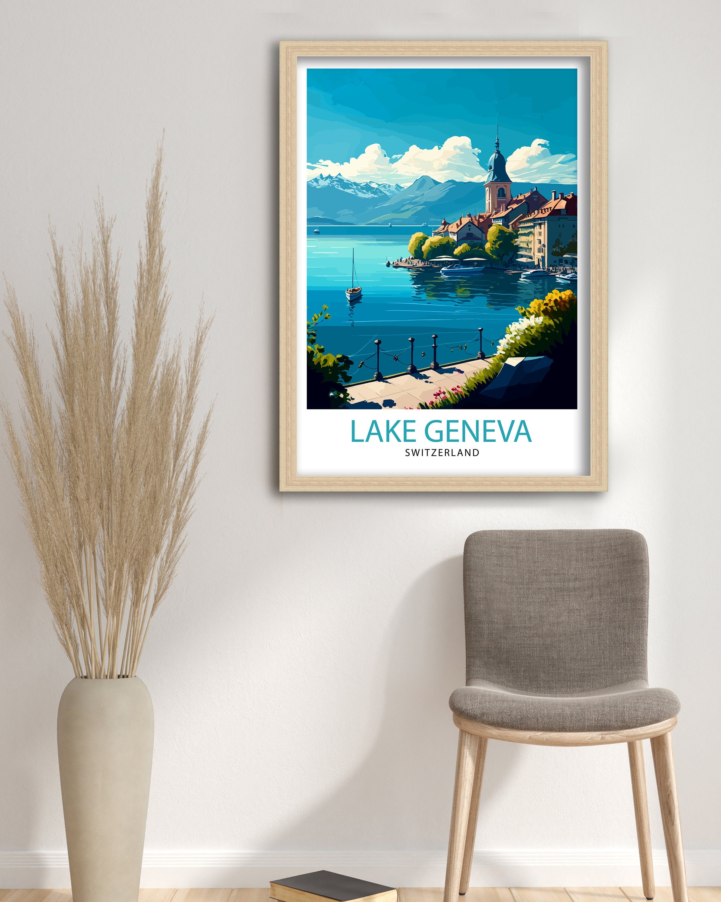 Lake Geneva Switzerland Travel Print Lake Geneva Wall Art Switzerland Travel Poster Lake Geneva Home Decor Lake Geneva Illustration