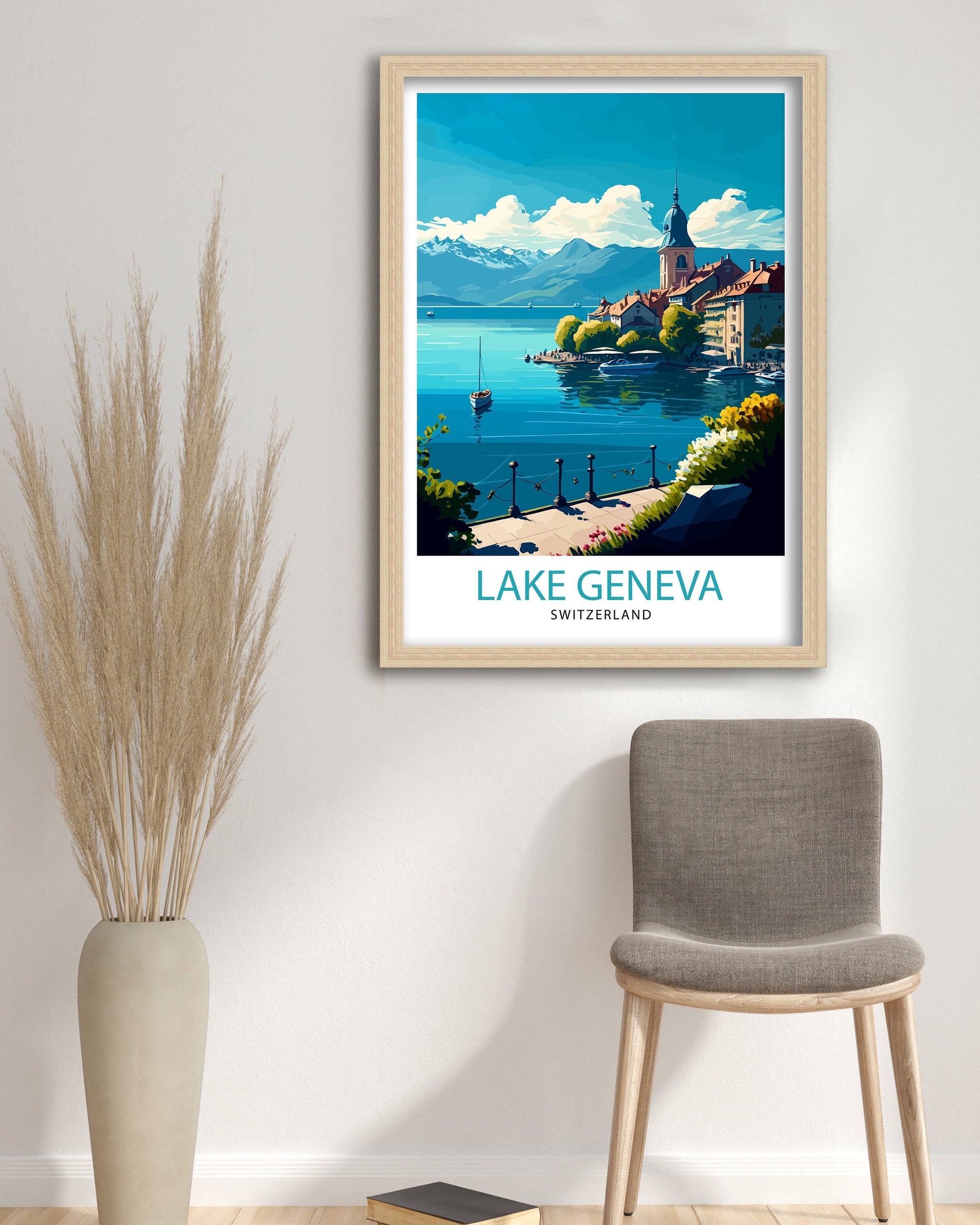 Lake Geneva Switzerland Travel Print Lake Geneva Wall Art Switzerland Travel Poster Lake Geneva Home Decor Lake Geneva Illustration