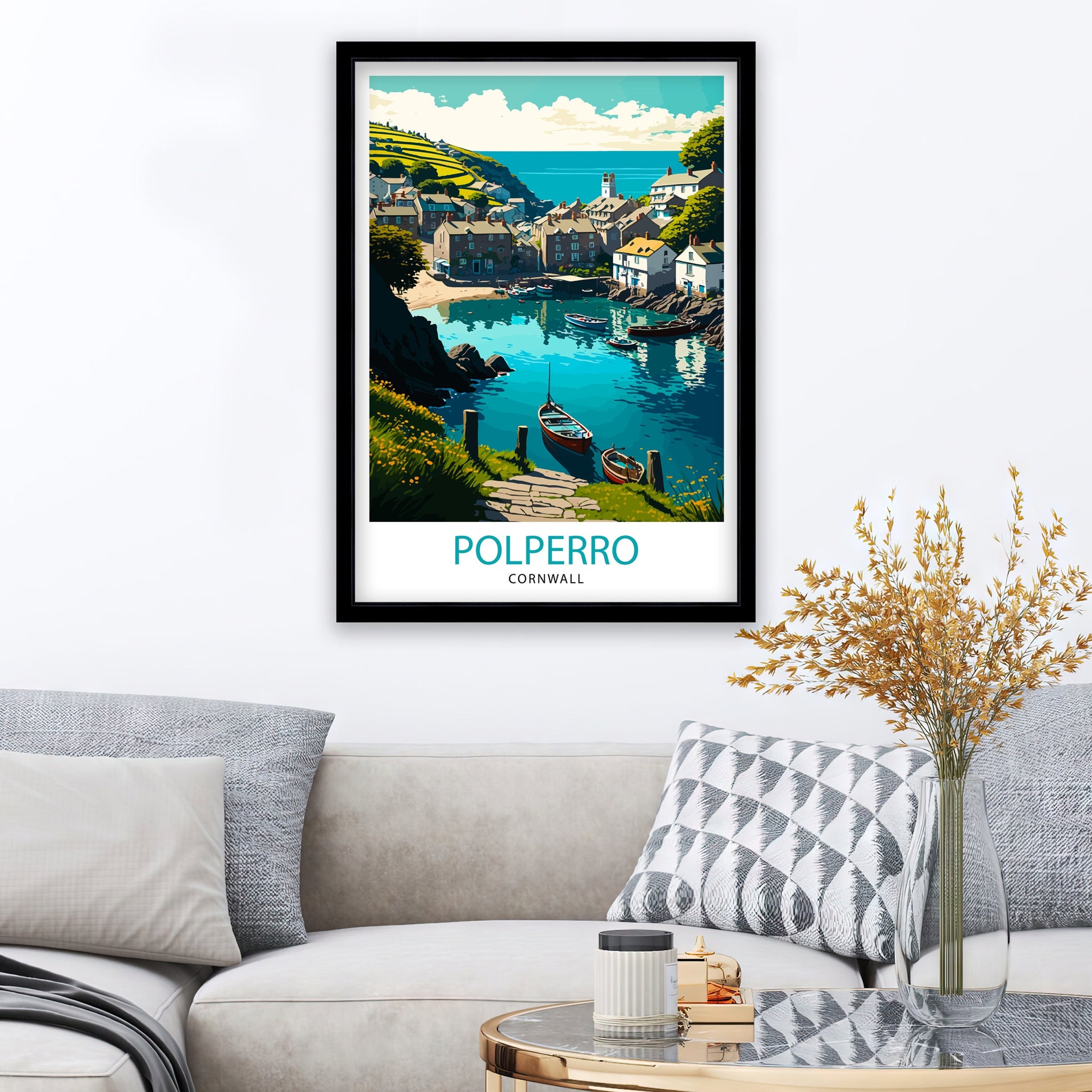 Polperro Cornwall Art Print, Coastal Village Illustration