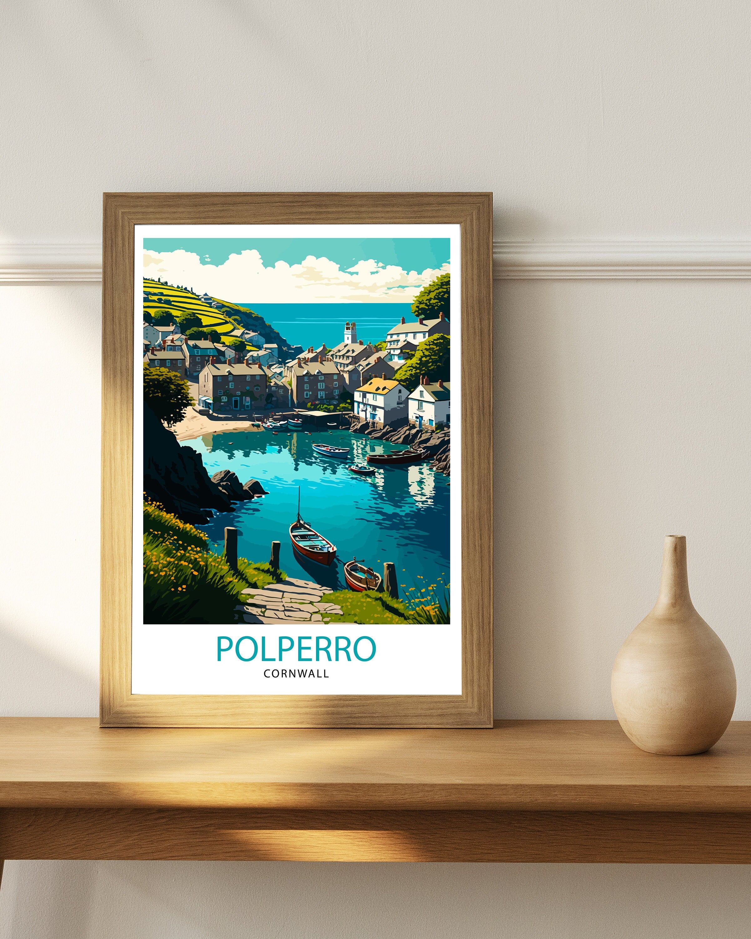 Polperro Cornwall Art Print, Coastal Village Illustration
