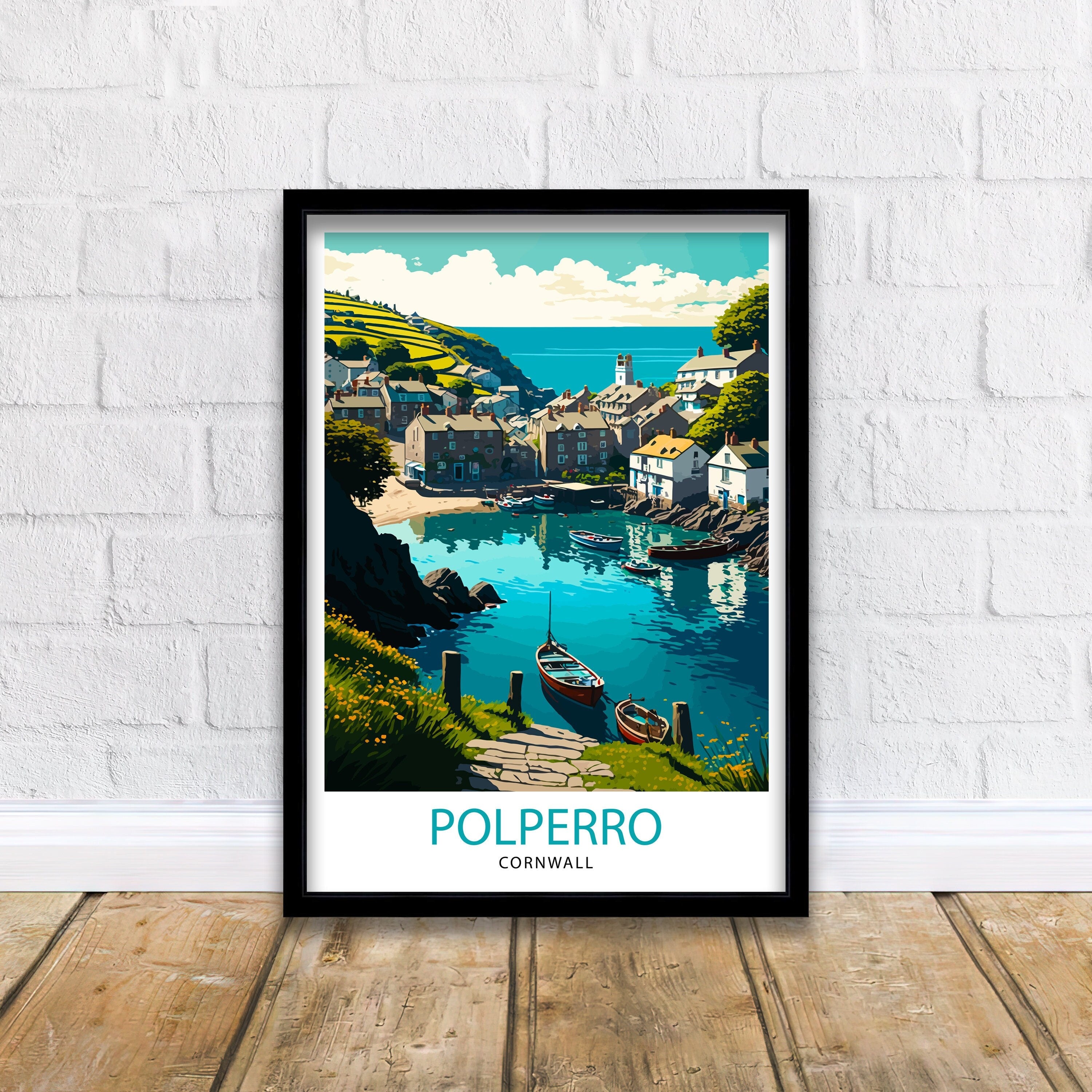 Polperro Cornwall Art Print, Coastal Village Illustration