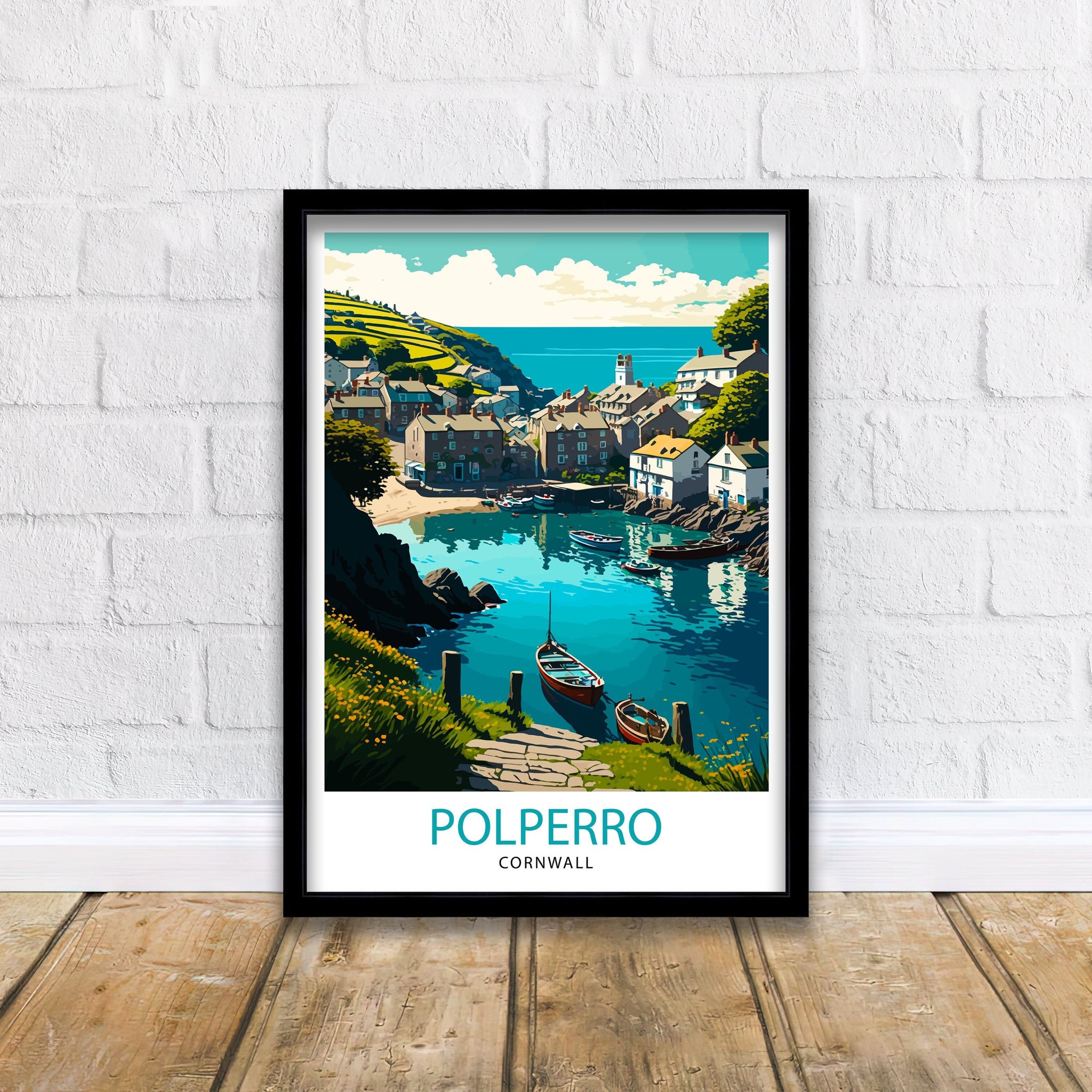 Polperro Cornwall Art Print, Coastal Village Illustration