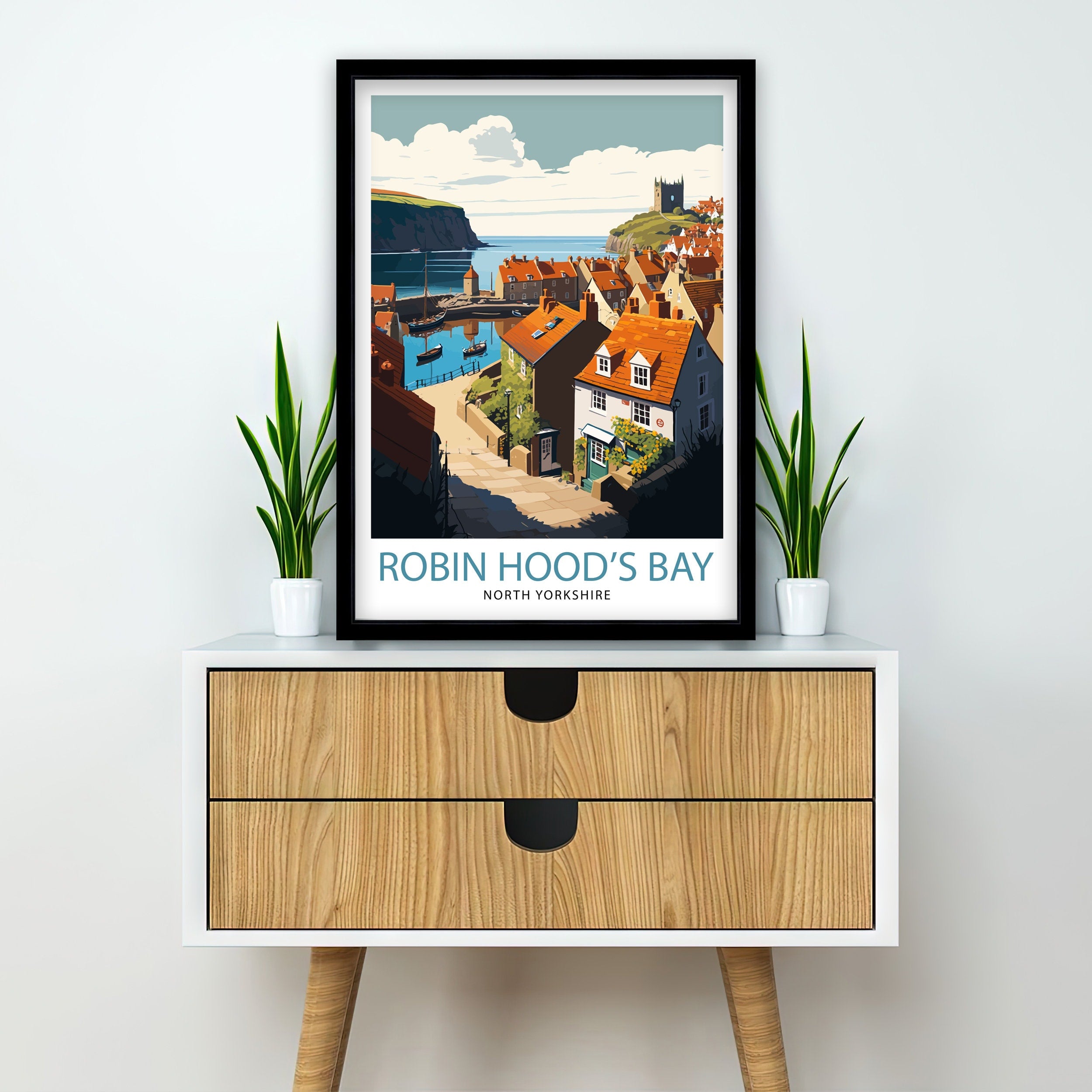 Robin Hood's Bay Art Print, Yorkshire Coastal Town Illustration