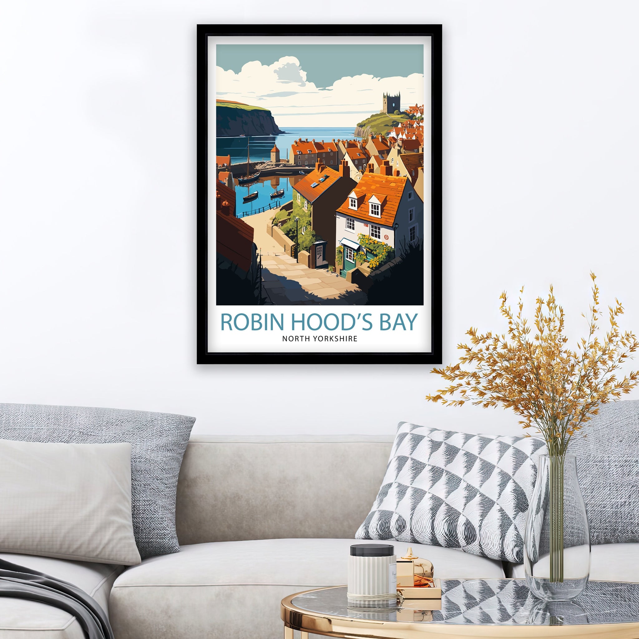 Robin Hood's Bay Art Print, Yorkshire Coastal Town Illustration
