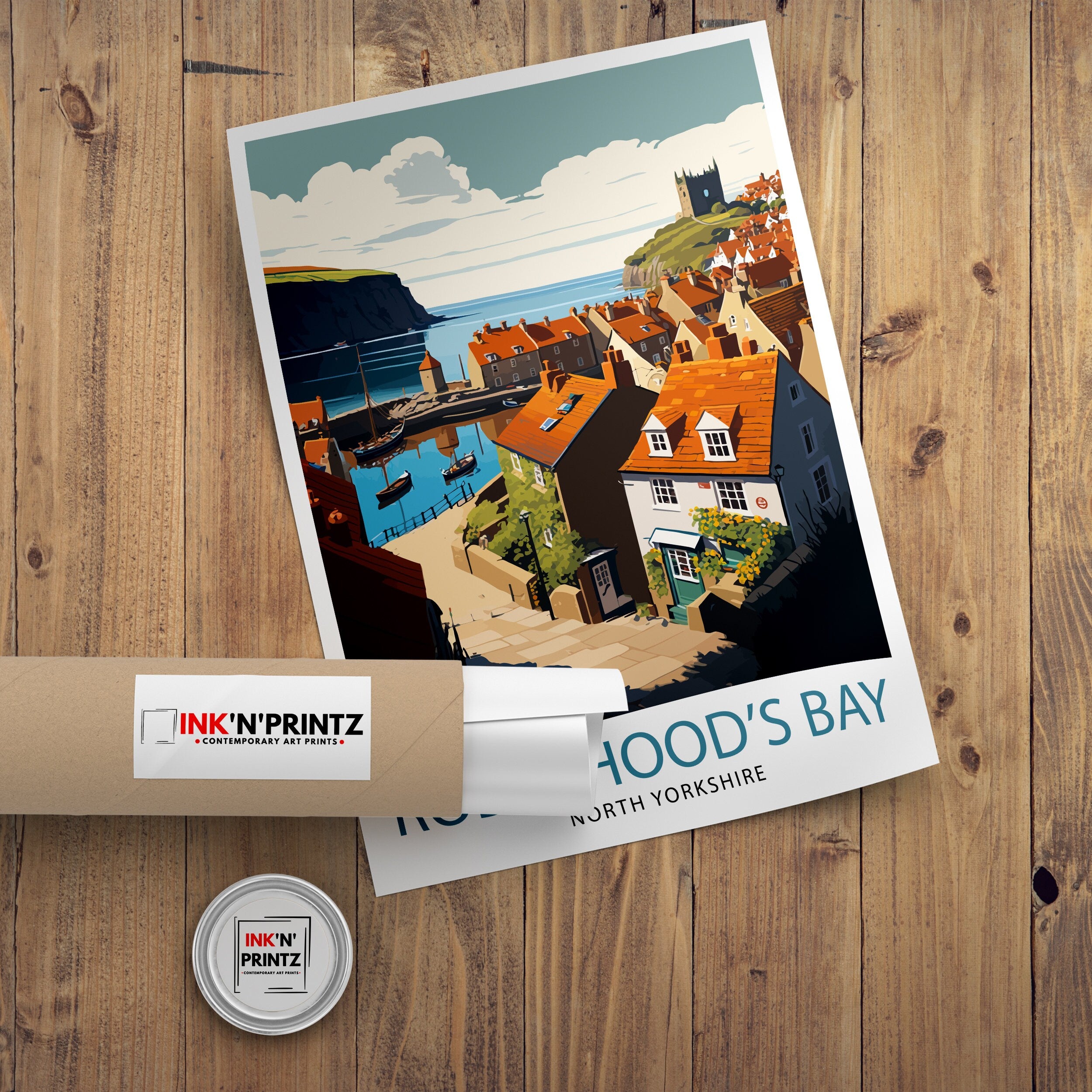 Robin Hood's Bay Art Print, Yorkshire Coastal Town Illustration