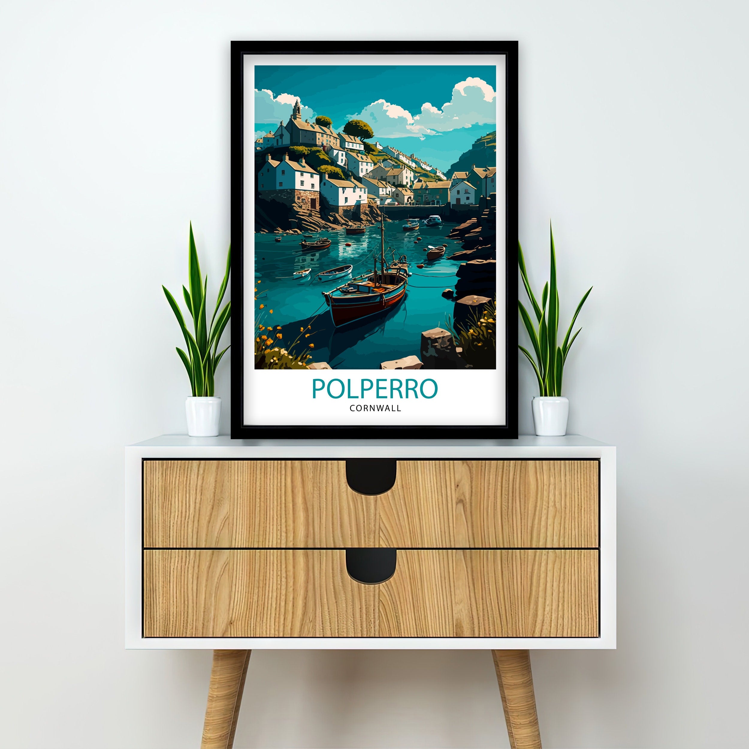 Polperro Cornwall Art Print, Coastal Village Illustration