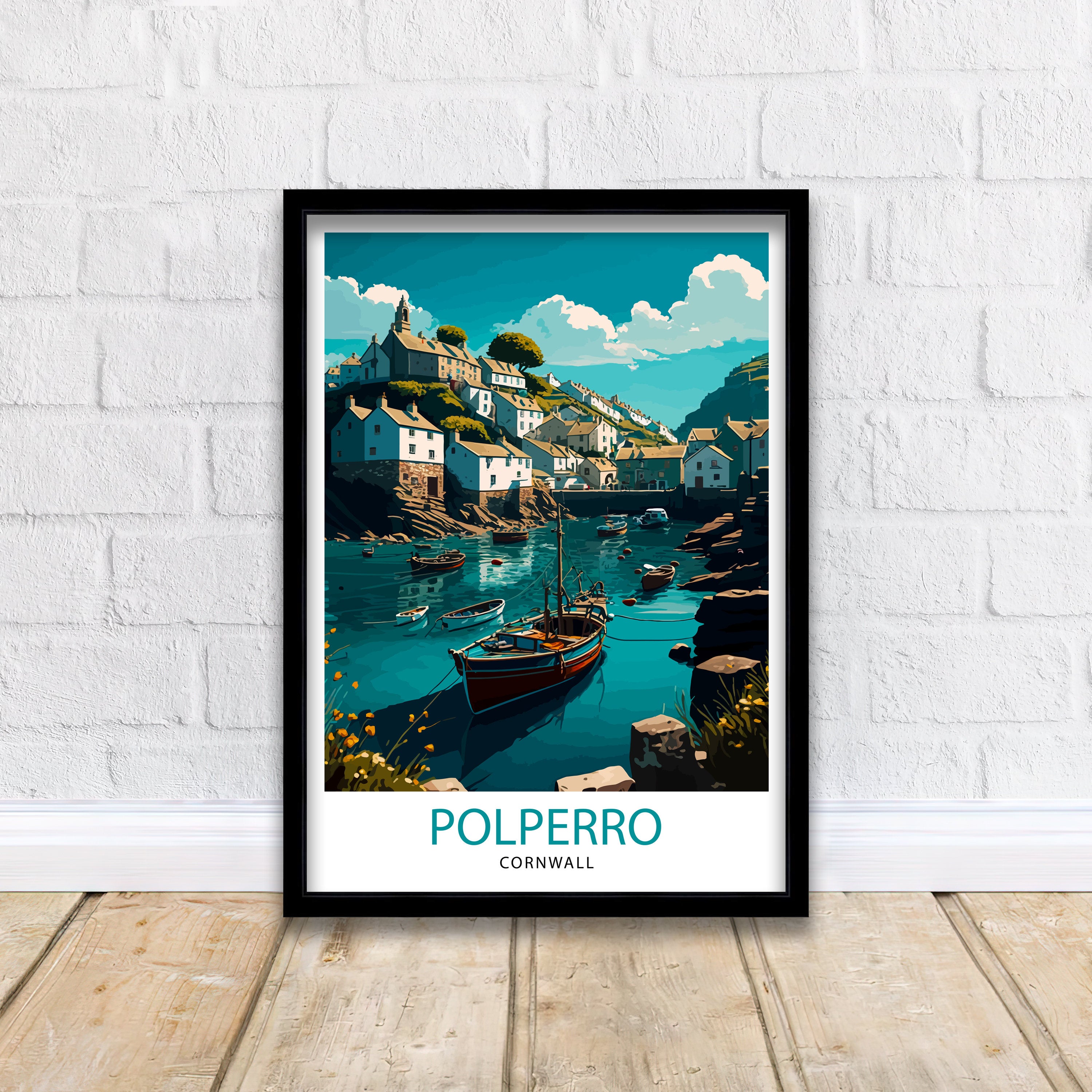 Polperro Cornwall Art Print, Coastal Village Illustration