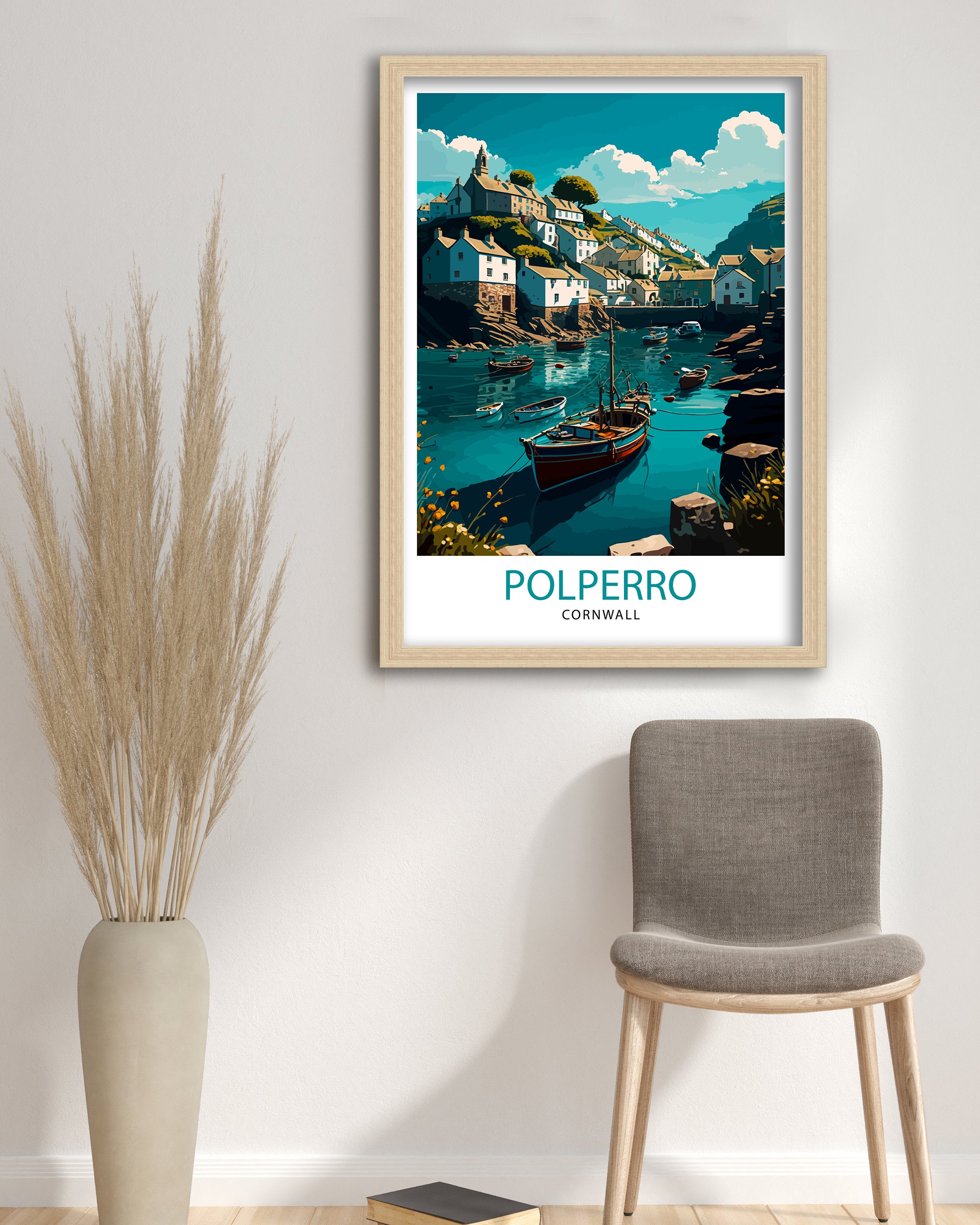 Polperro Cornwall Art Print, Coastal Village Illustration