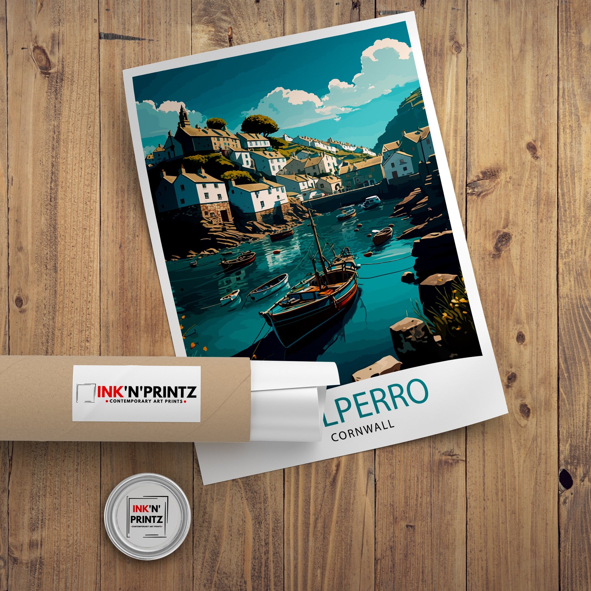 Polperro Cornwall Art Print, Coastal Village Illustration