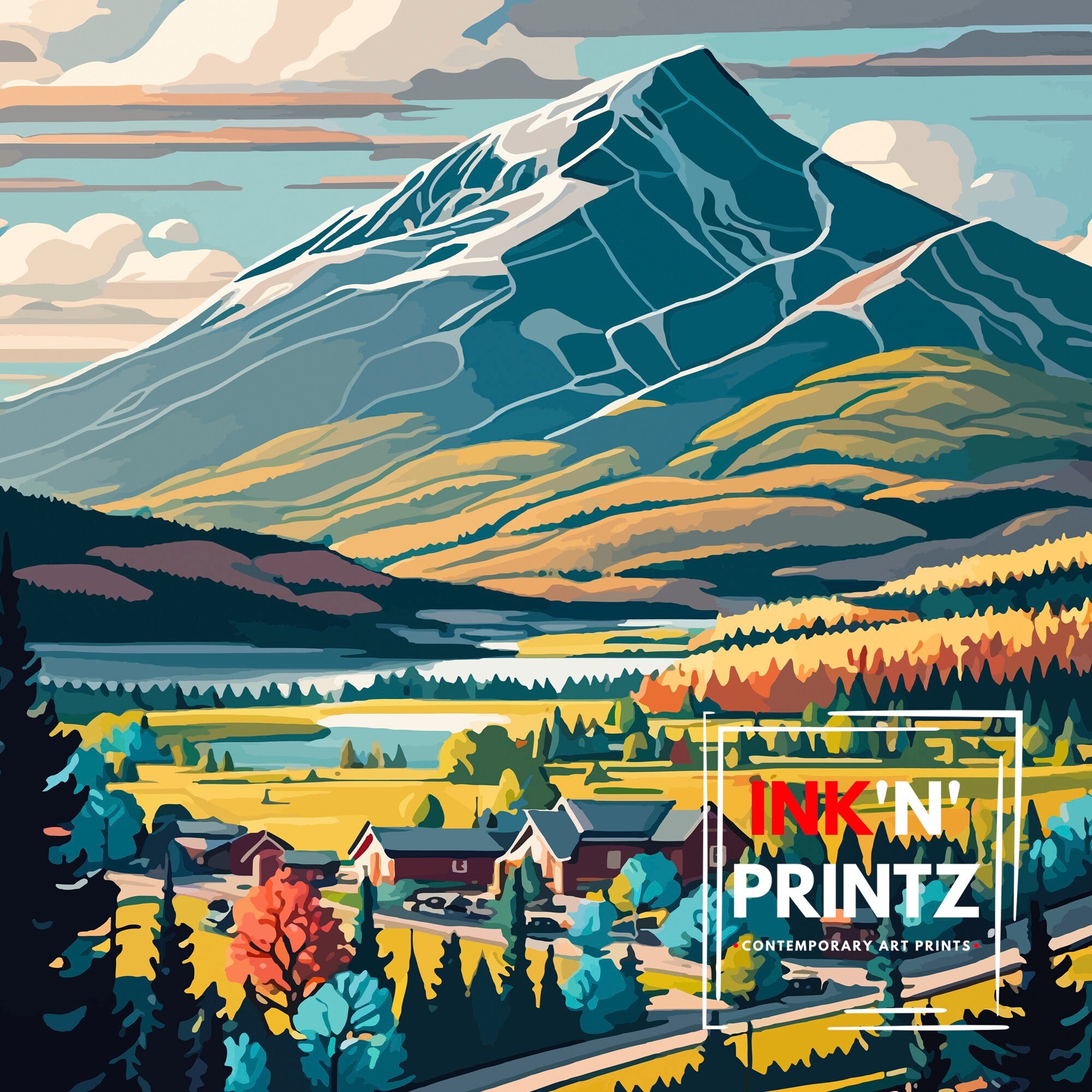 Blue Mountain Canada Travel Print, Collingwood Ontario Illustration